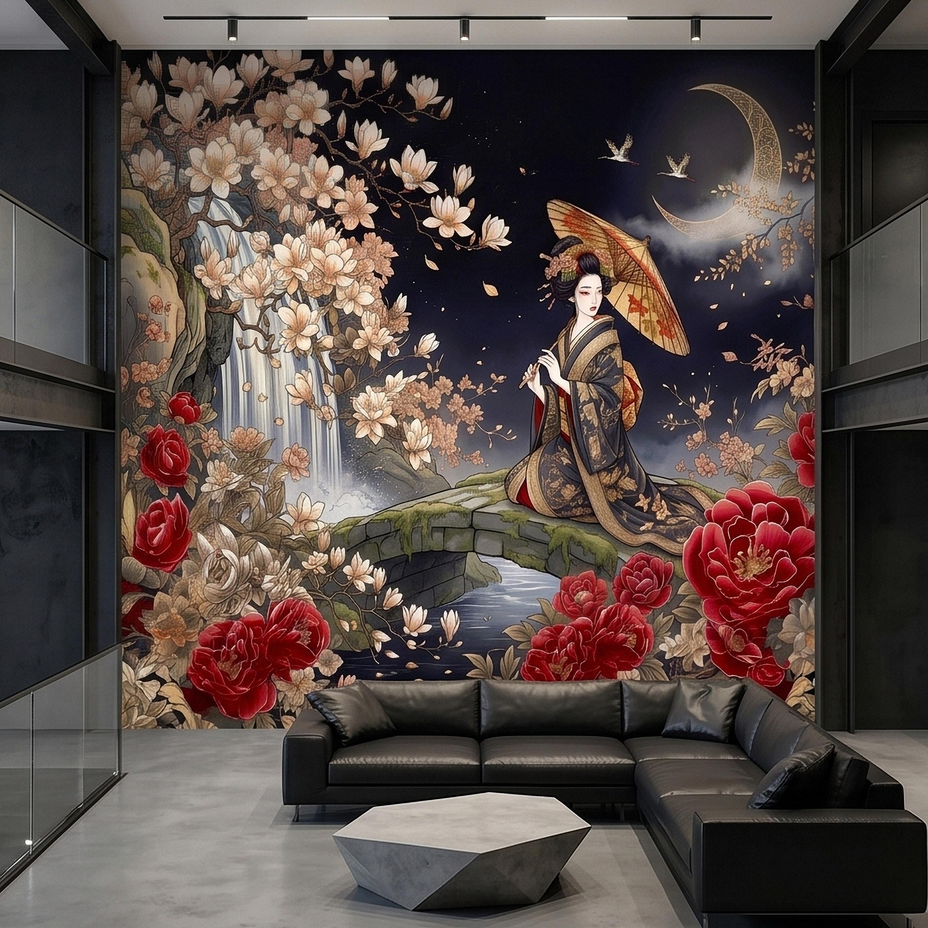 Japanese Geisha Kimono Peel and Stick Wall Mural, Moonlit Sakura Blossoms and Red Peonies, Waterfall Garden Bridge Oriental Art Wallpaper