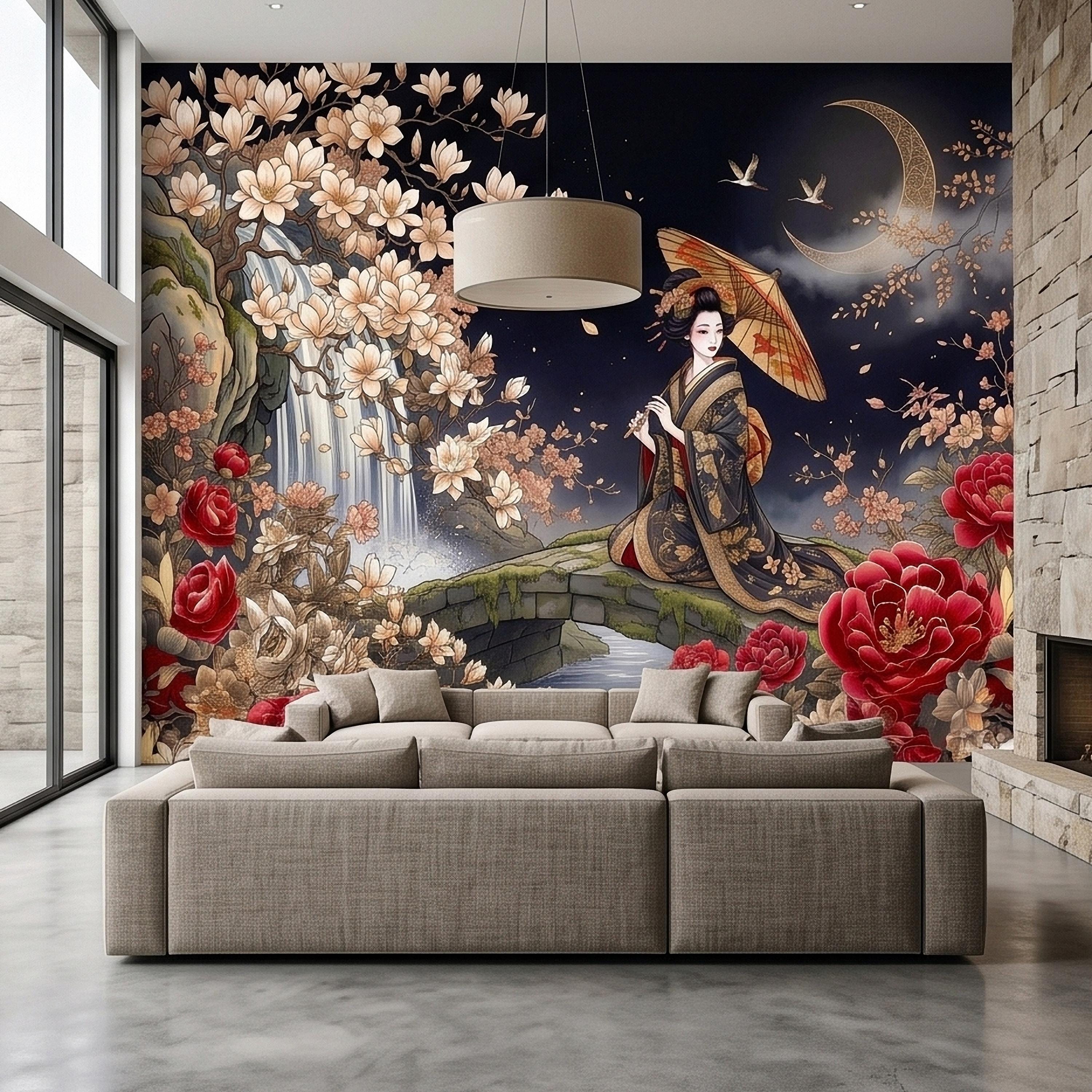 Japanese Geisha Kimono Peel and Stick Wall Mural, Moonlit Sakura Blossoms and Red Peonies, Waterfall Garden Bridge Oriental Art Wallpaper
