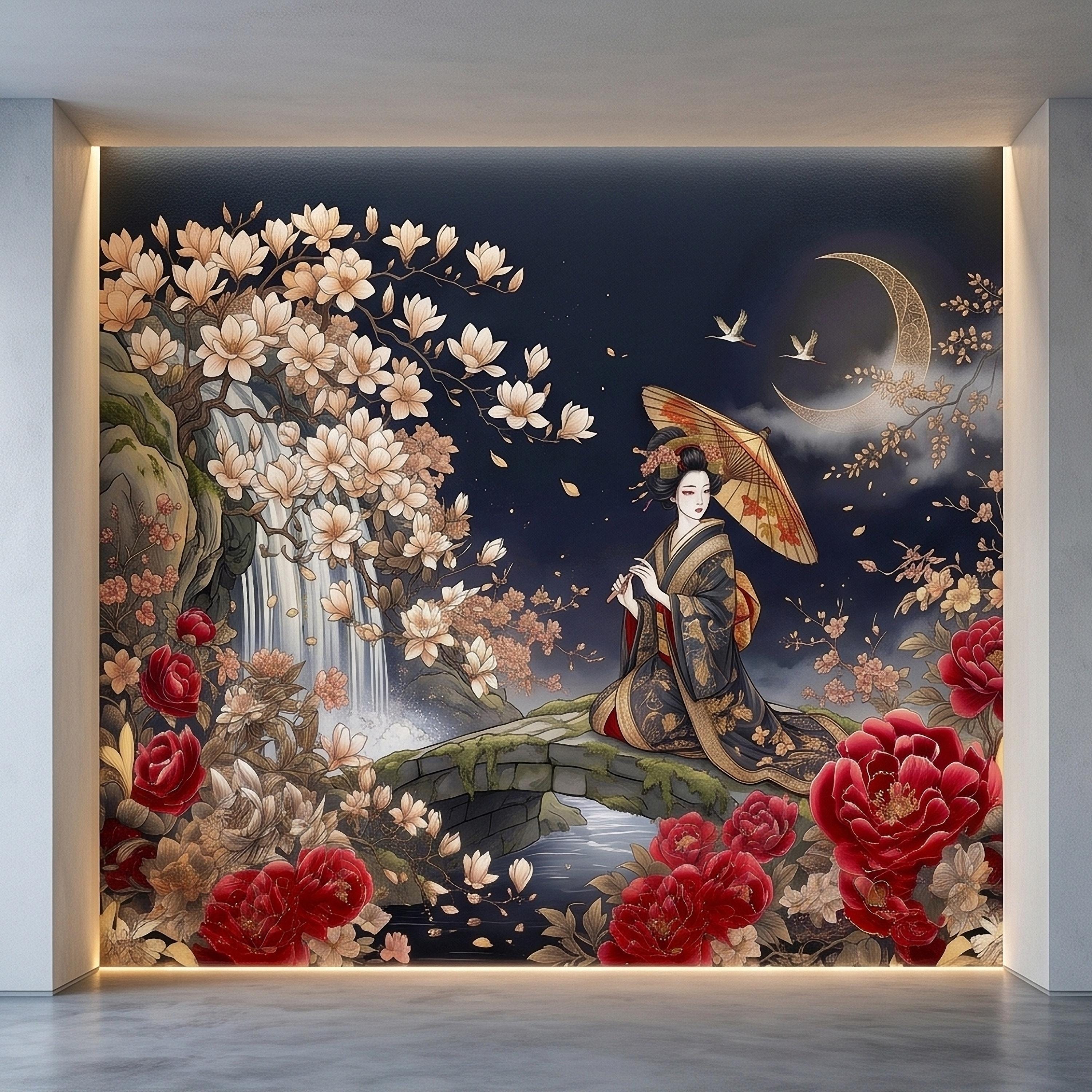 Japanese Geisha Kimono Peel and Stick Wall Mural, Moonlit Sakura Blossoms and Red Peonies, Waterfall Garden Bridge Oriental Art Wallpaper