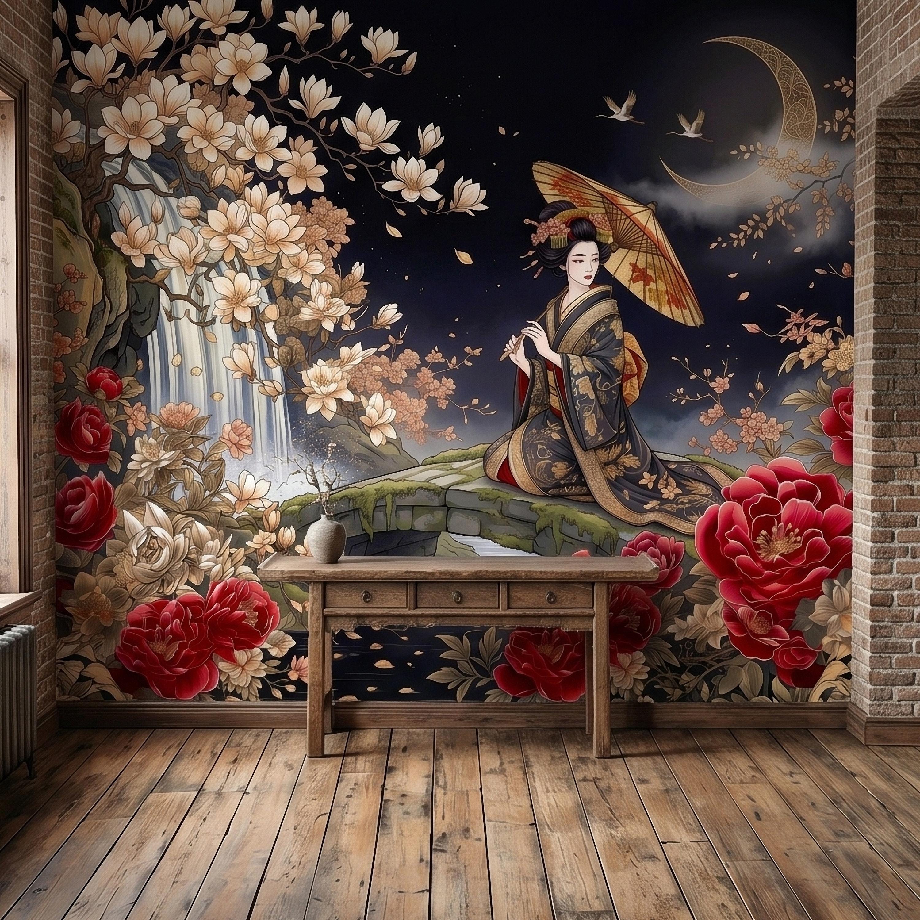 Japanese Geisha Kimono Peel and Stick Wall Mural, Moonlit Sakura Blossoms and Red Peonies, Waterfall Garden Bridge Oriental Art Wallpaper