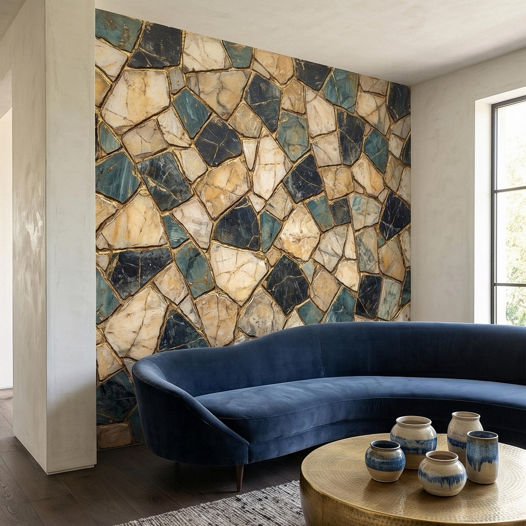 Kintsugi Stone Mosaic Peel and Stick Wall Mural, Navy Teal and Beige Marble Tile Pattern, Luxury Modern Textured Wallpaper