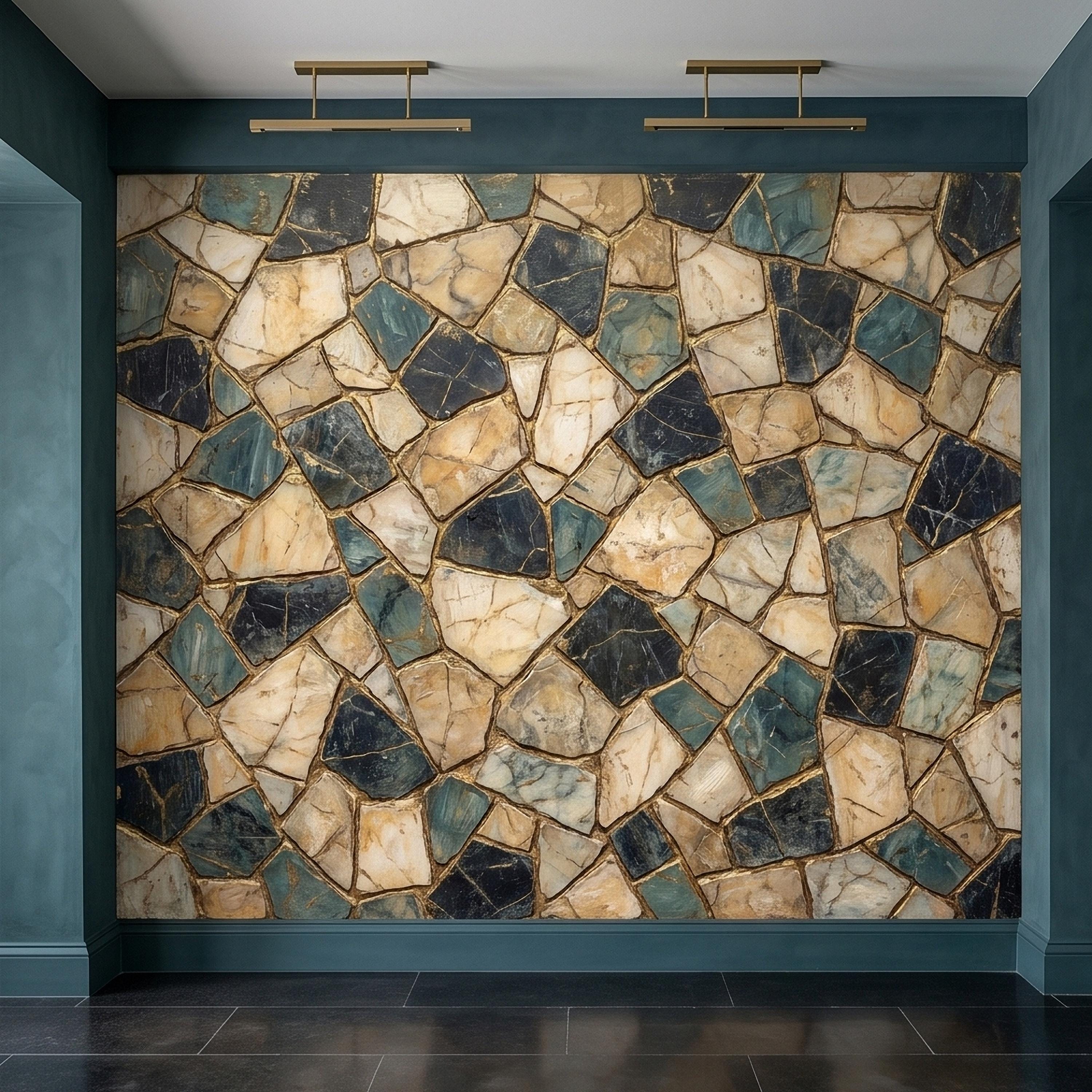 Kintsugi Stone Mosaic Peel and Stick Wall Mural, Navy Teal and Beige Marble Tile Pattern, Luxury Modern Textured Wallpaper