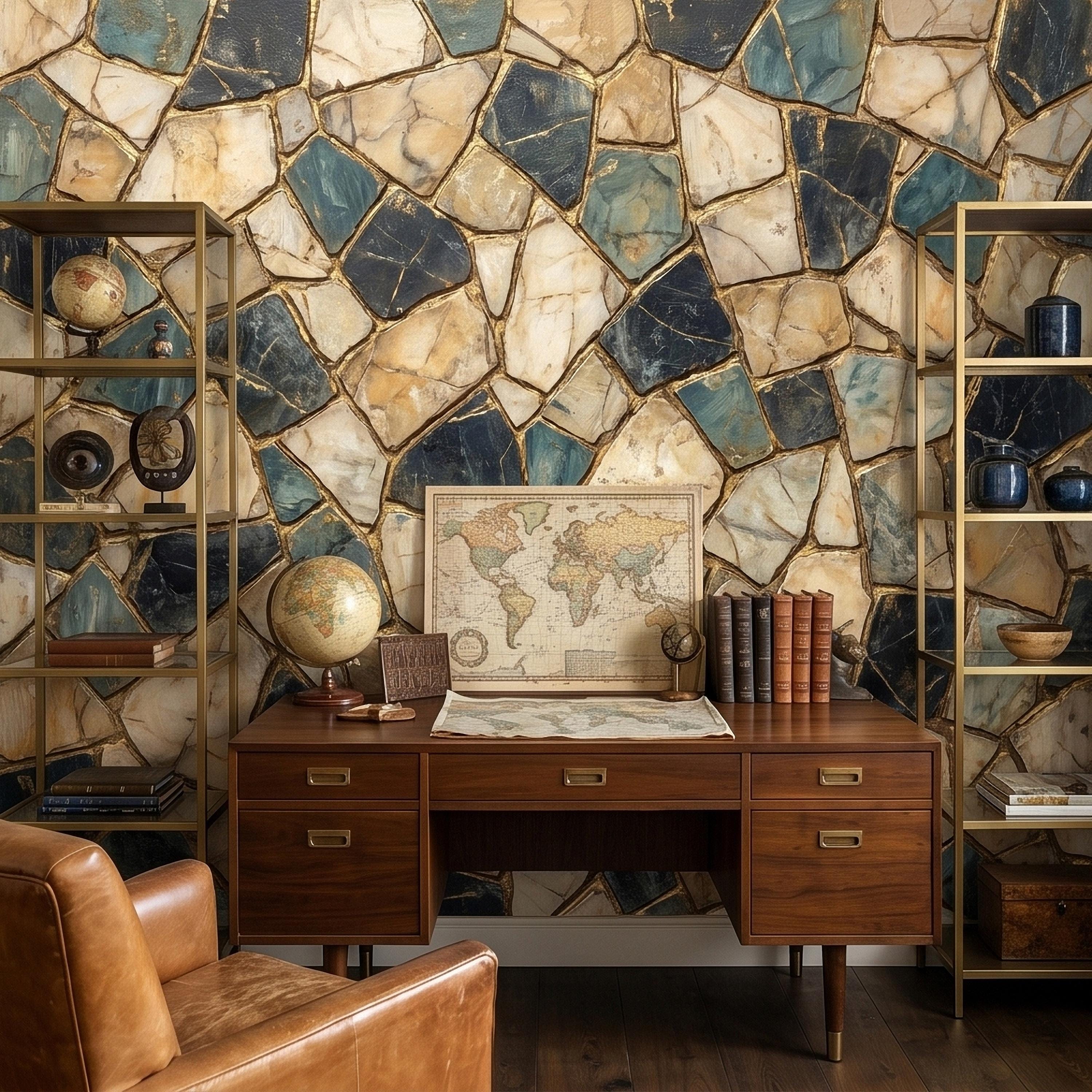 Kintsugi Stone Mosaic Peel and Stick Wall Mural, Navy Teal and Beige Marble Tile Pattern, Luxury Modern Textured Wallpaper