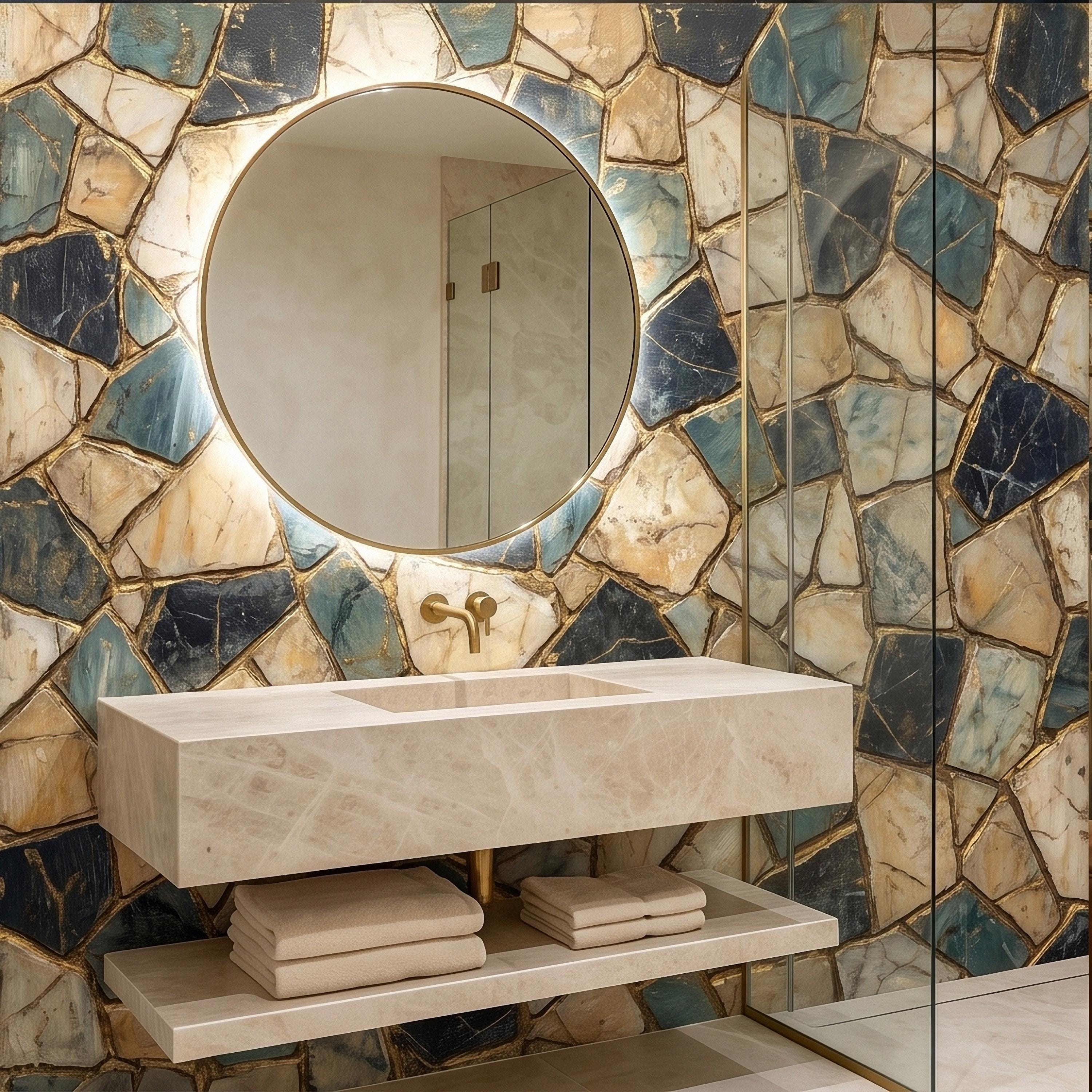 Kintsugi Stone Mosaic Peel and Stick Wall Mural, Navy Teal and Beige Marble Tile Pattern, Luxury Modern Textured Wallpaper