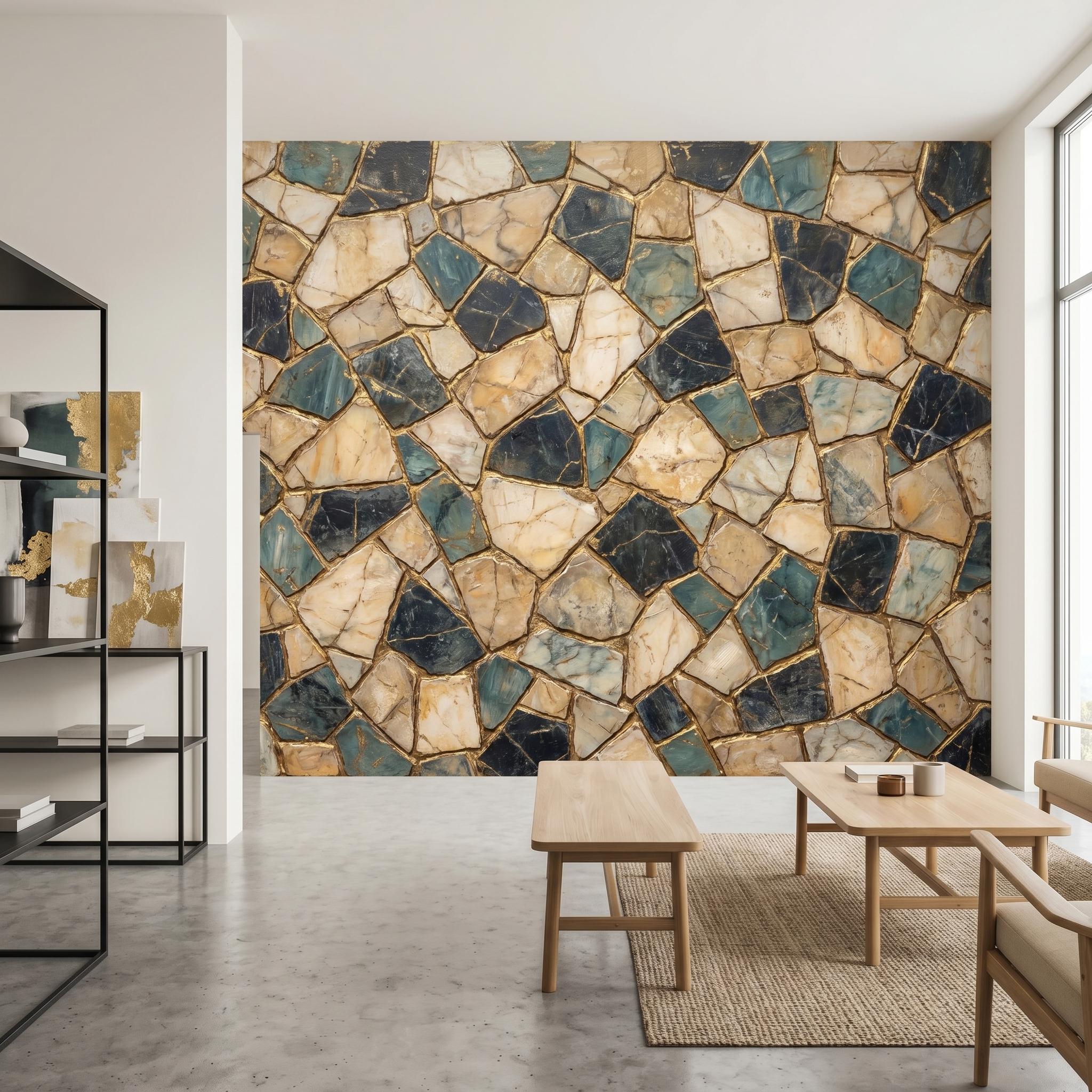 Kintsugi Stone Mosaic Peel and Stick Wall Mural, Navy Teal and Beige Marble Tile Pattern, Luxury Modern Textured Wallpaper