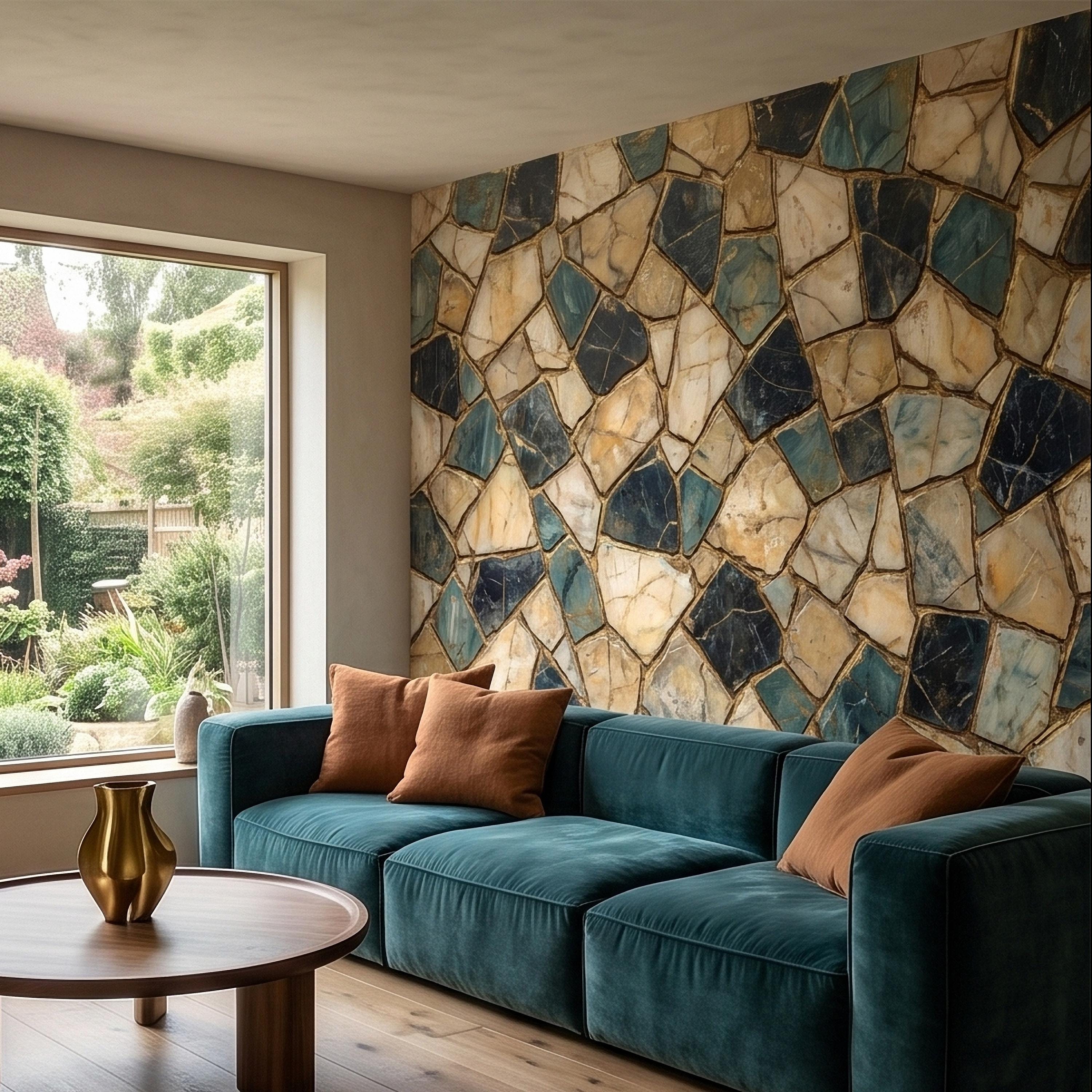Kintsugi Stone Mosaic Peel and Stick Wall Mural, Navy Teal and Beige Marble Tile Pattern, Luxury Modern Textured Wallpaper