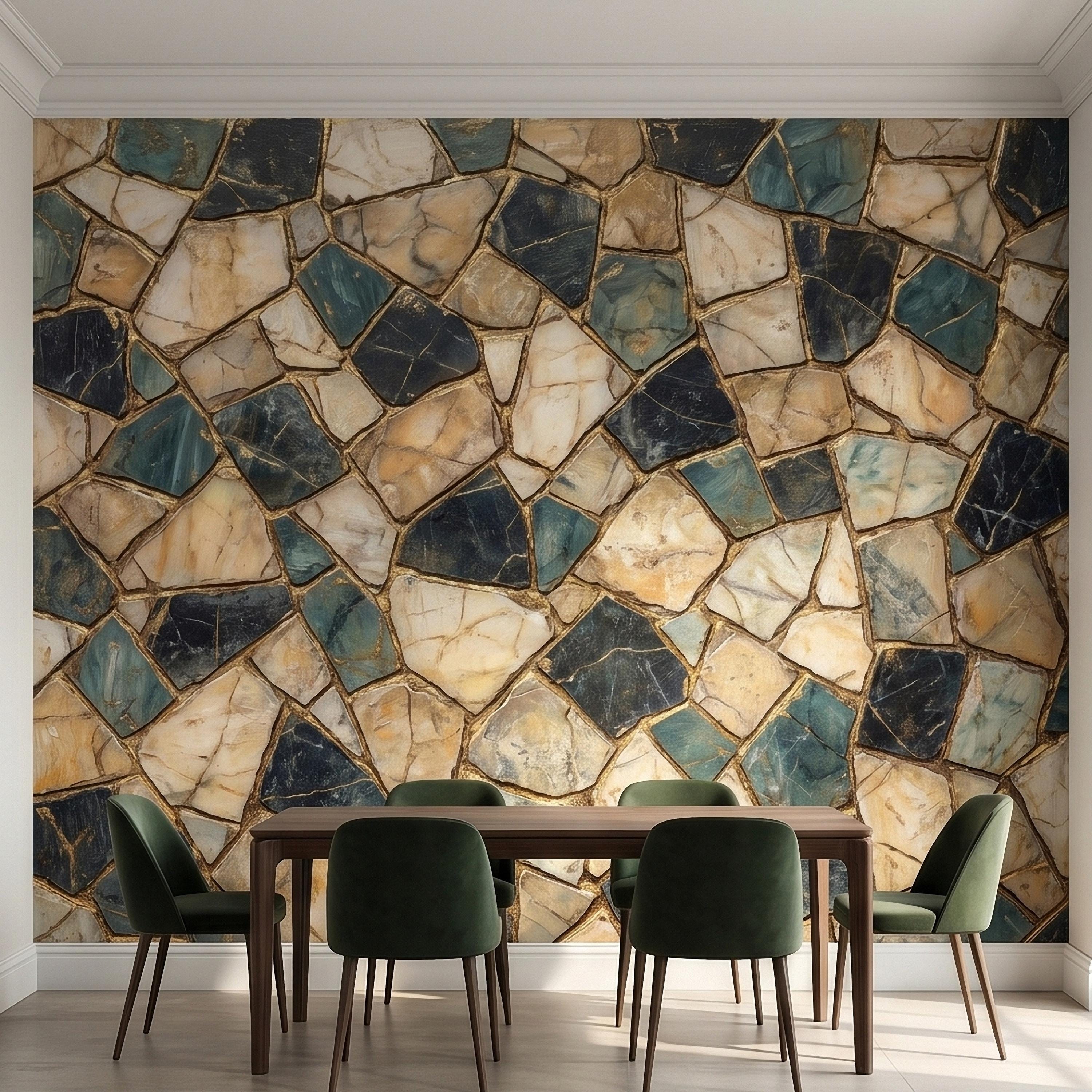 Kintsugi Stone Mosaic Peel and Stick Wall Mural, Navy Teal and Beige Marble Tile Pattern, Luxury Modern Textured Wallpaper