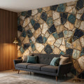 Kintsugi Stone Mosaic Peel and Stick Wall Mural, Navy Teal and Beige Marble Tile Pattern, Luxury Modern Textured Wallpaper