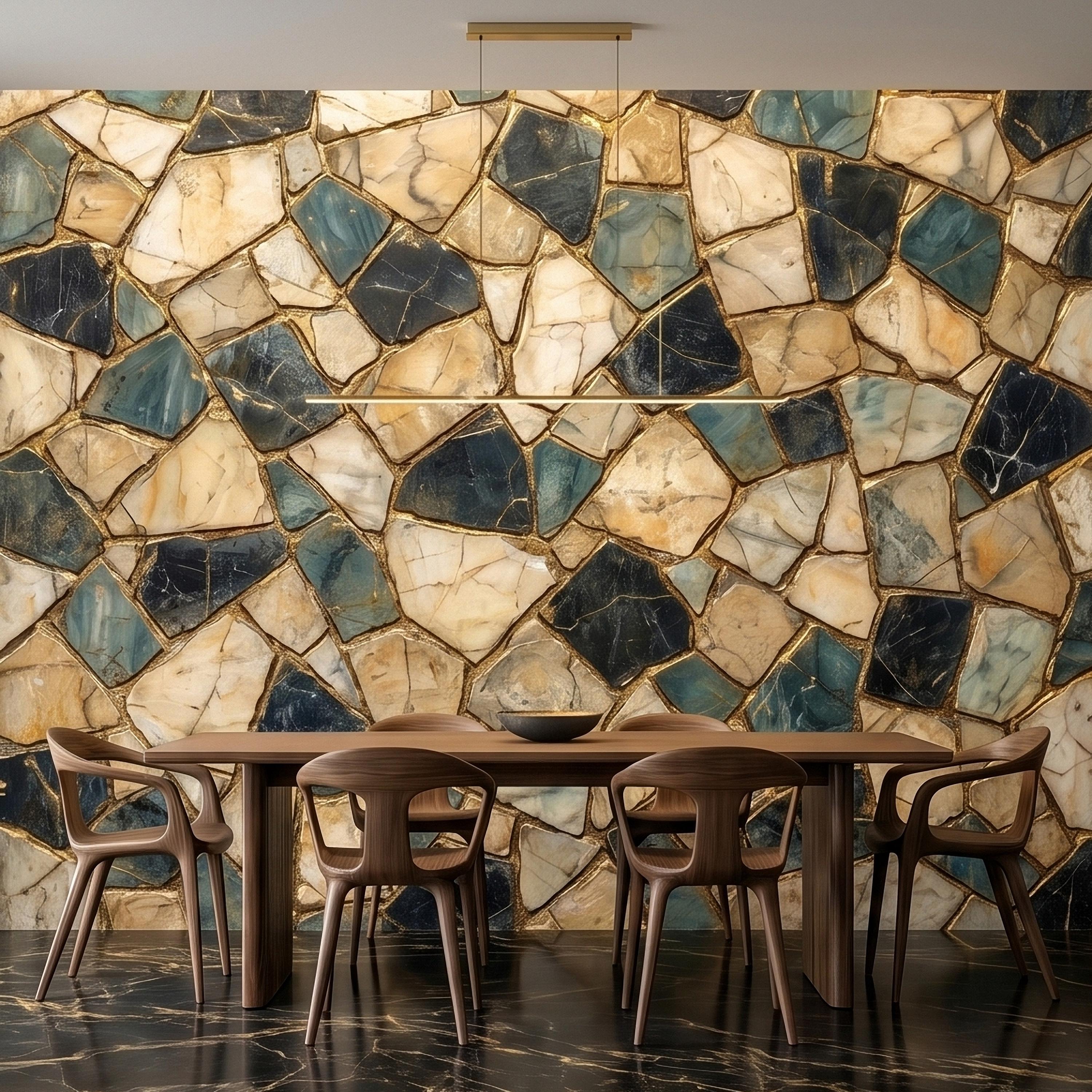 Kintsugi Stone Mosaic Peel and Stick Wall Mural, Navy Teal and Beige Marble Tile Pattern, Luxury Modern Textured Wallpaper