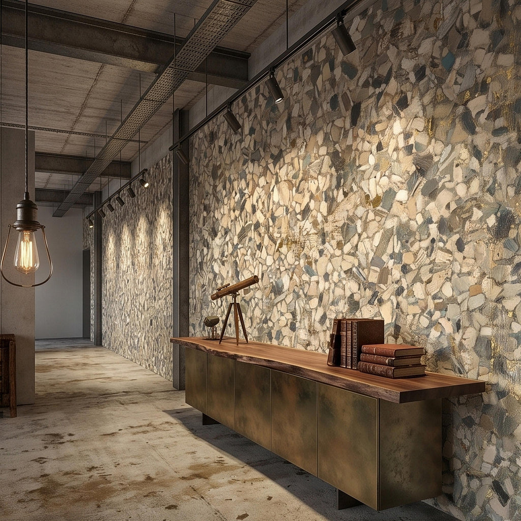 Neutral Terrazzo Peel and Stick Wall Mural, Beige Gray Stone Chip Speckled Concrete Texture, Modern Scandi Minimalist Faux Stone Wallpaper