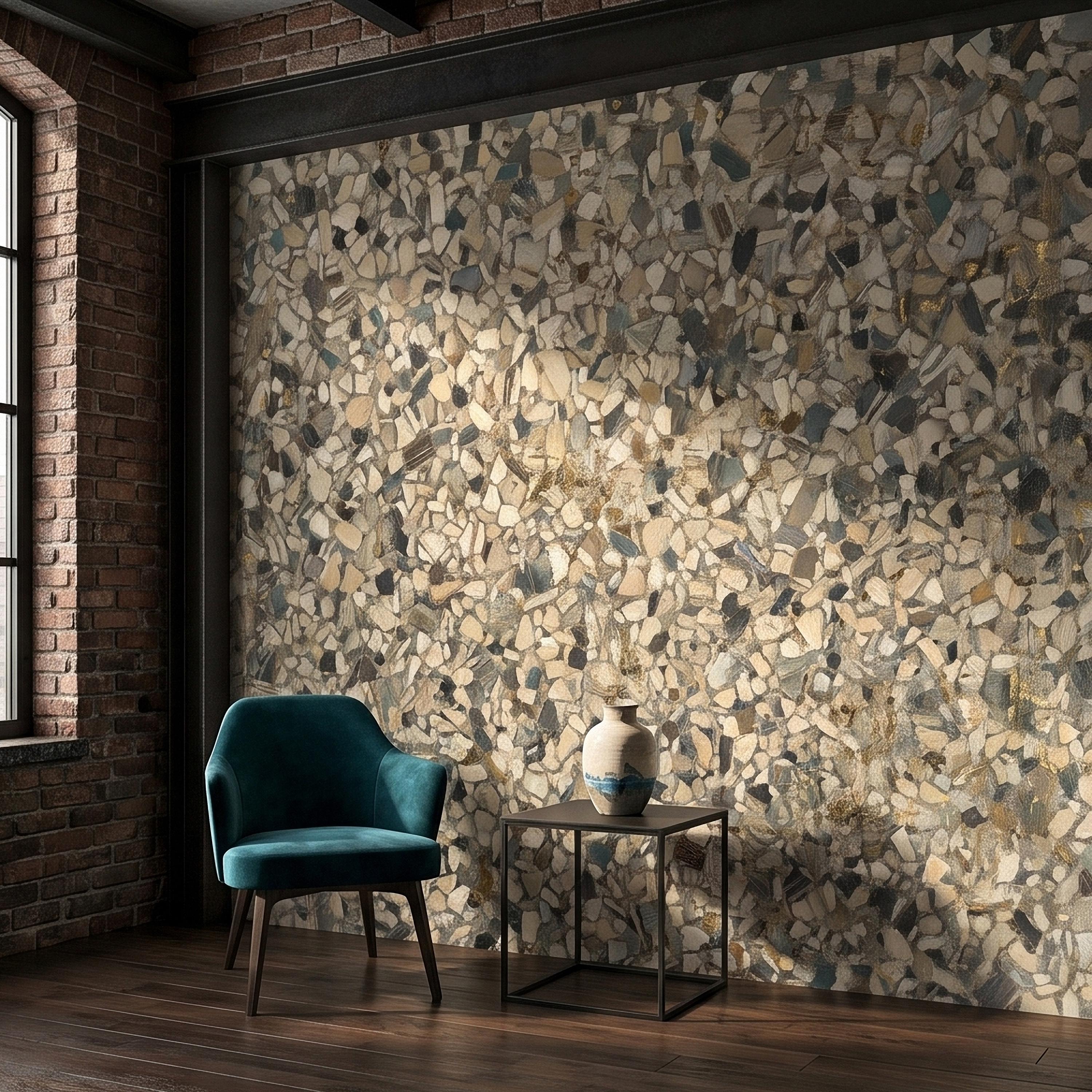 Neutral Terrazzo Peel and Stick Wall Mural, Beige Gray Stone Chip Speckled Concrete Texture, Modern Scandi Minimalist Faux Stone Wallpaper