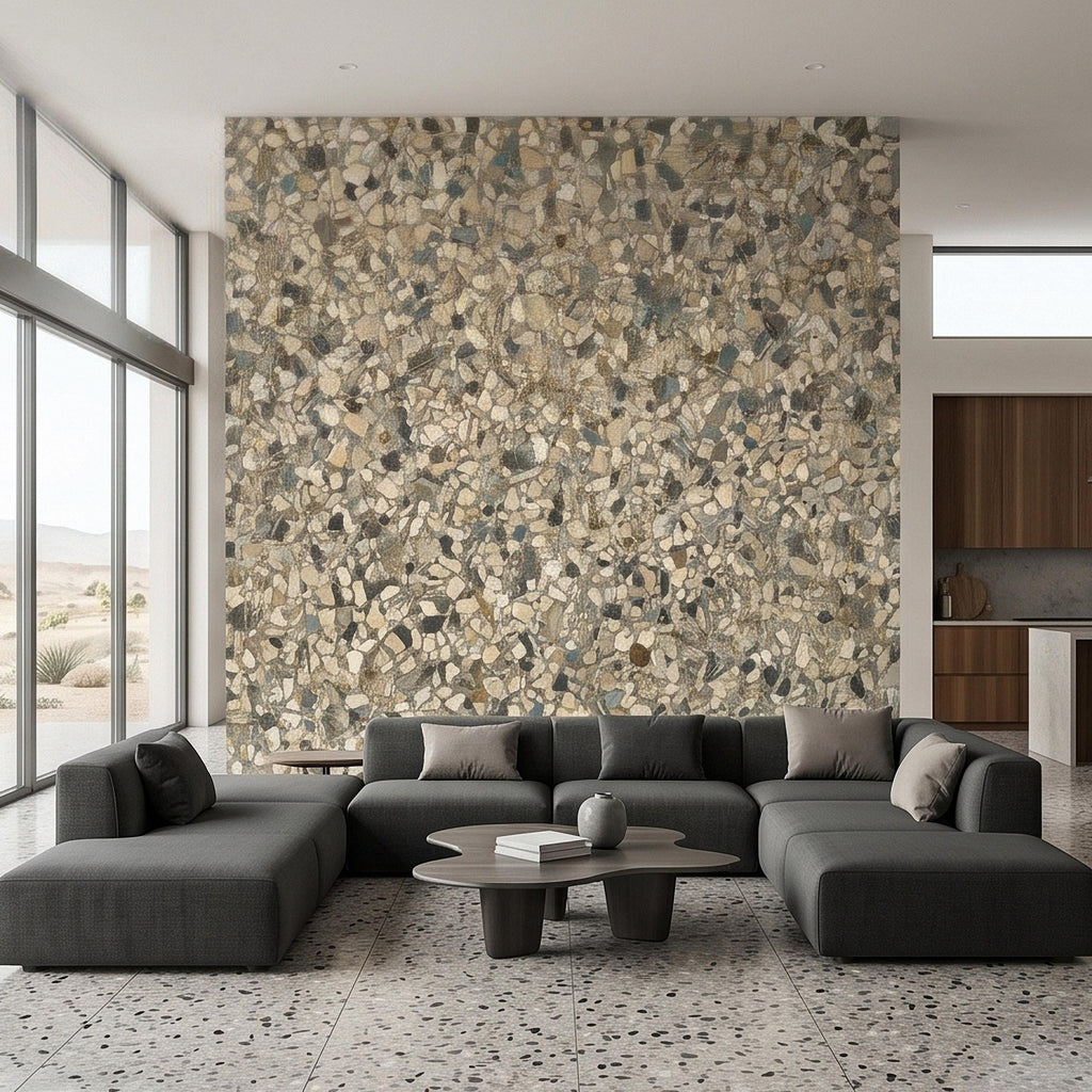 Neutral Terrazzo Peel and Stick Wall Mural, Beige Gray Stone Chip Speckled Concrete Texture, Modern Scandi Minimalist Faux Stone Wallpaper