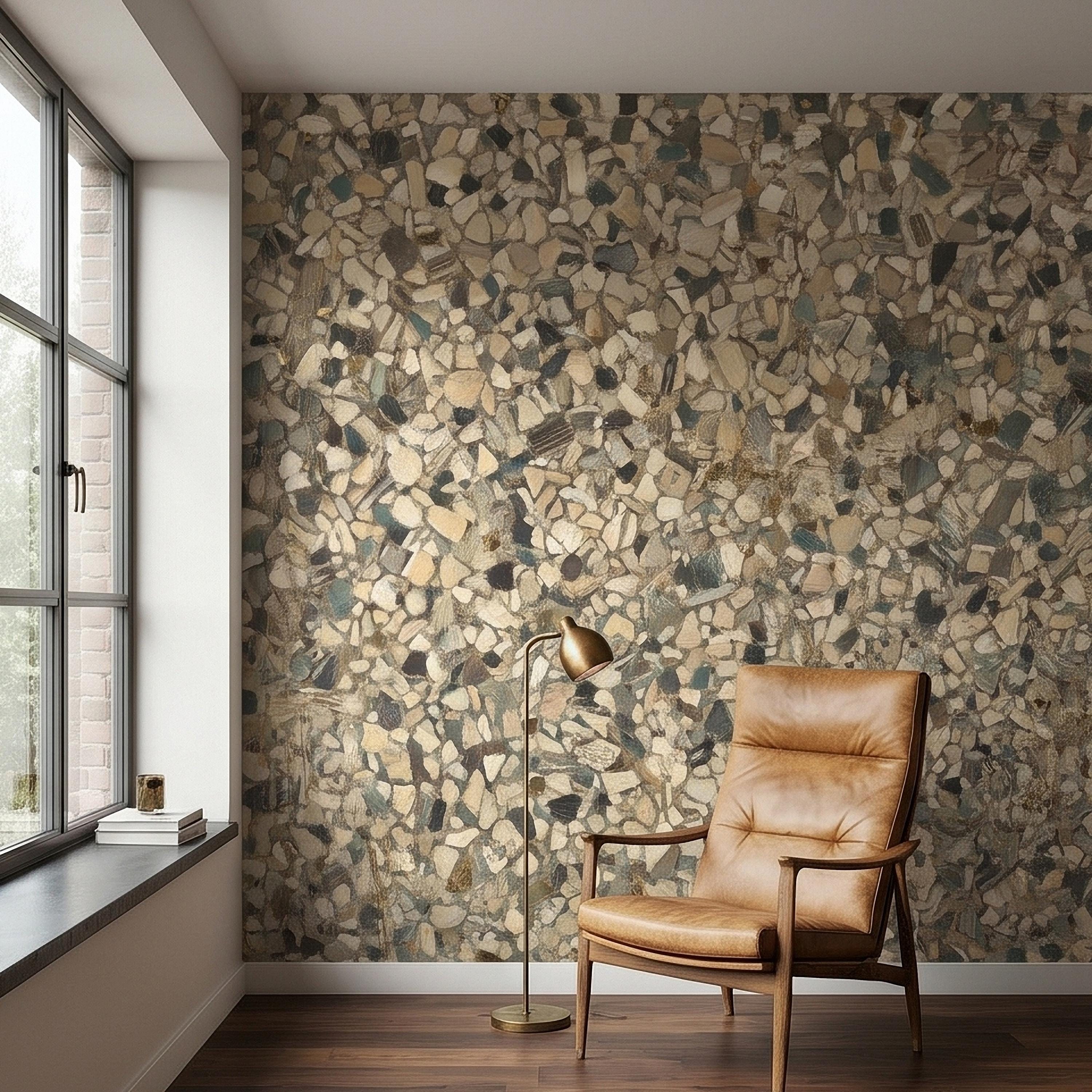 Neutral Terrazzo Peel and Stick Wall Mural, Beige Gray Stone Chip Speckled Concrete Texture, Modern Scandi Minimalist Faux Stone Wallpaper