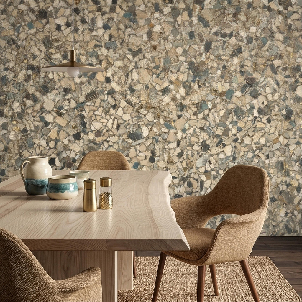 Neutral Terrazzo Peel and Stick Wall Mural, Beige Gray Stone Chip Speckled Concrete Texture, Modern Scandi Minimalist Faux Stone Wallpaper