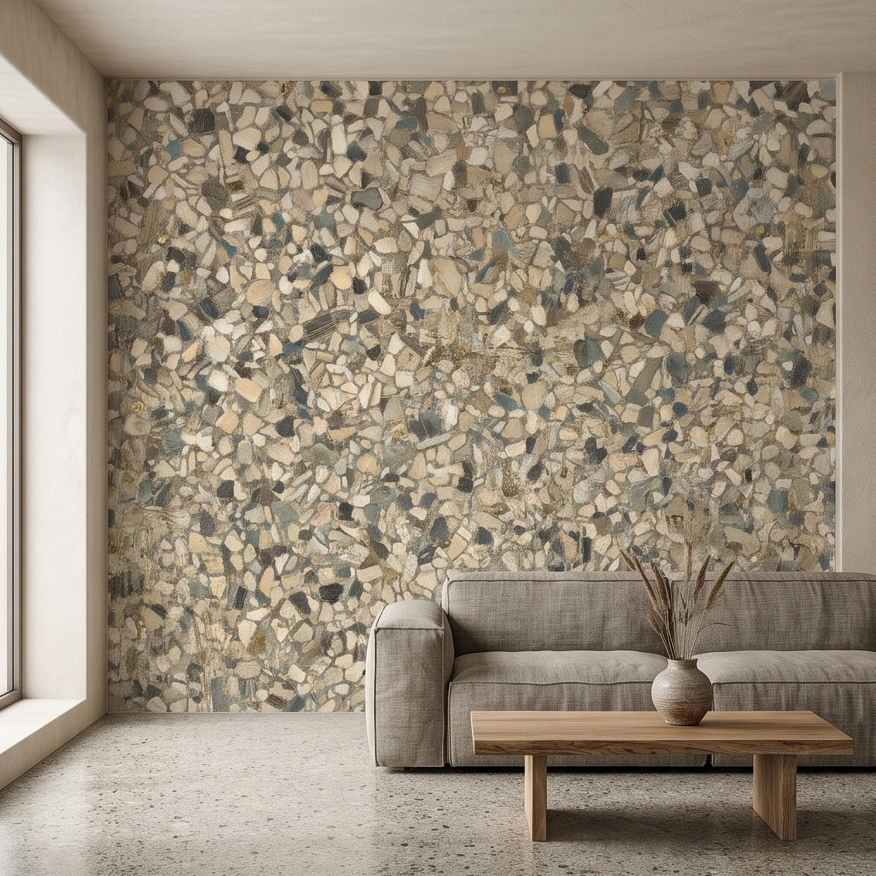 Neutral Terrazzo Peel and Stick Wall Mural, Beige Gray Stone Chip Speckled Concrete Texture, Modern Scandi Minimalist Faux Stone Wallpaper
