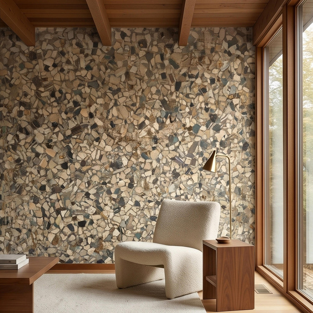 Neutral Terrazzo Peel and Stick Wall Mural, Beige Gray Stone Chip Speckled Concrete Texture, Modern Scandi Minimalist Faux Stone Wallpaper