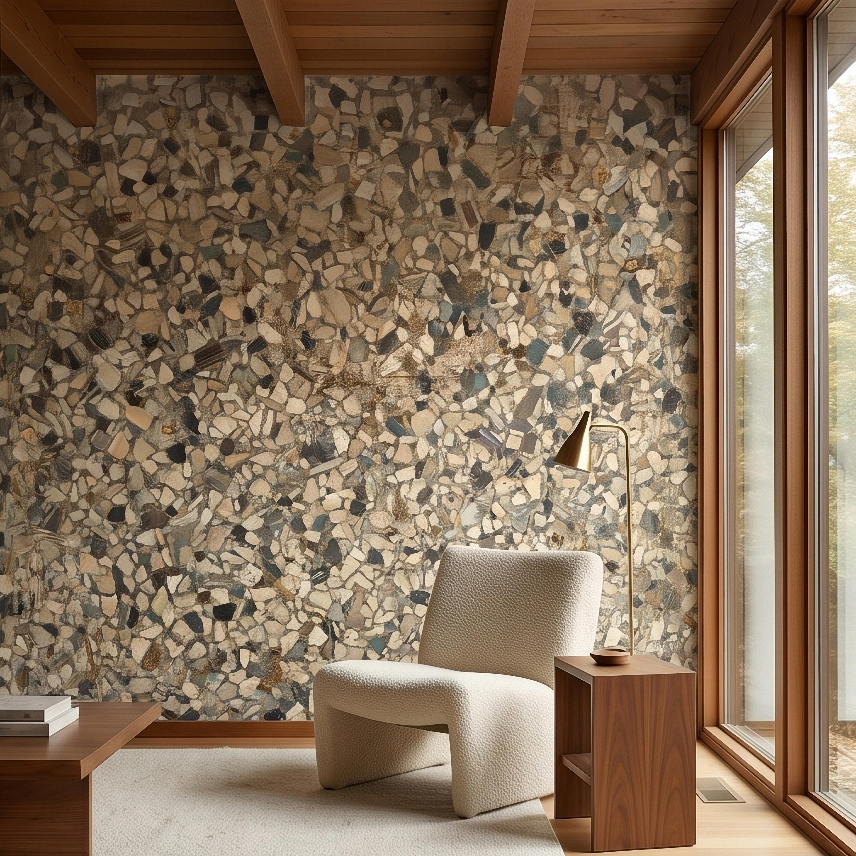 Neutral Terrazzo Peel and Stick Wall Mural, Beige Gray Stone Chip Speckled Concrete Texture, Modern Scandi Minimalist Faux Stone Wallpaper