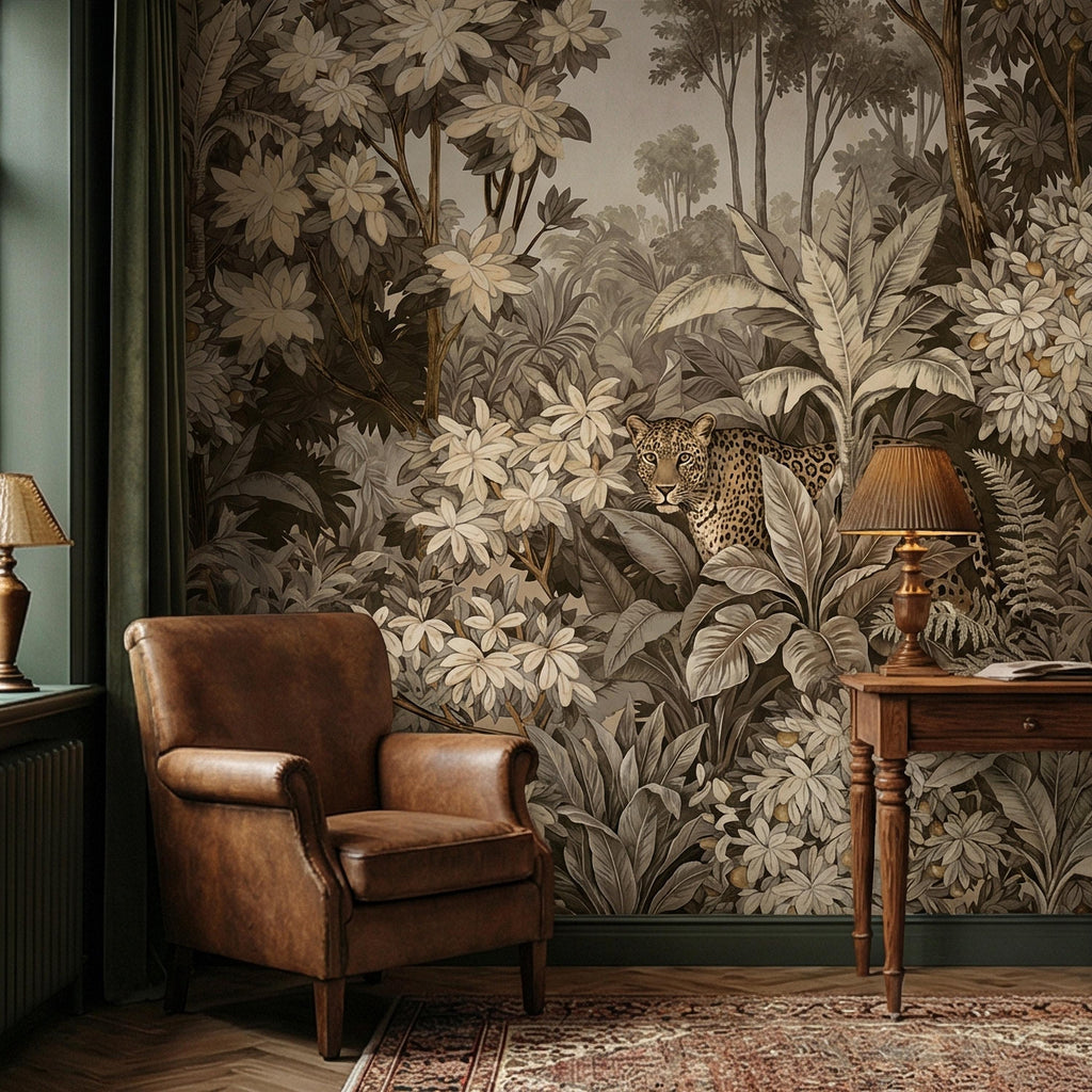 Neutral Leopard Jungle Peel and Stick Wall Mural, Sepia Tropical Botanical Landscape, Vintage Safari Flowers and Palm Leaf Beige Wallpaper