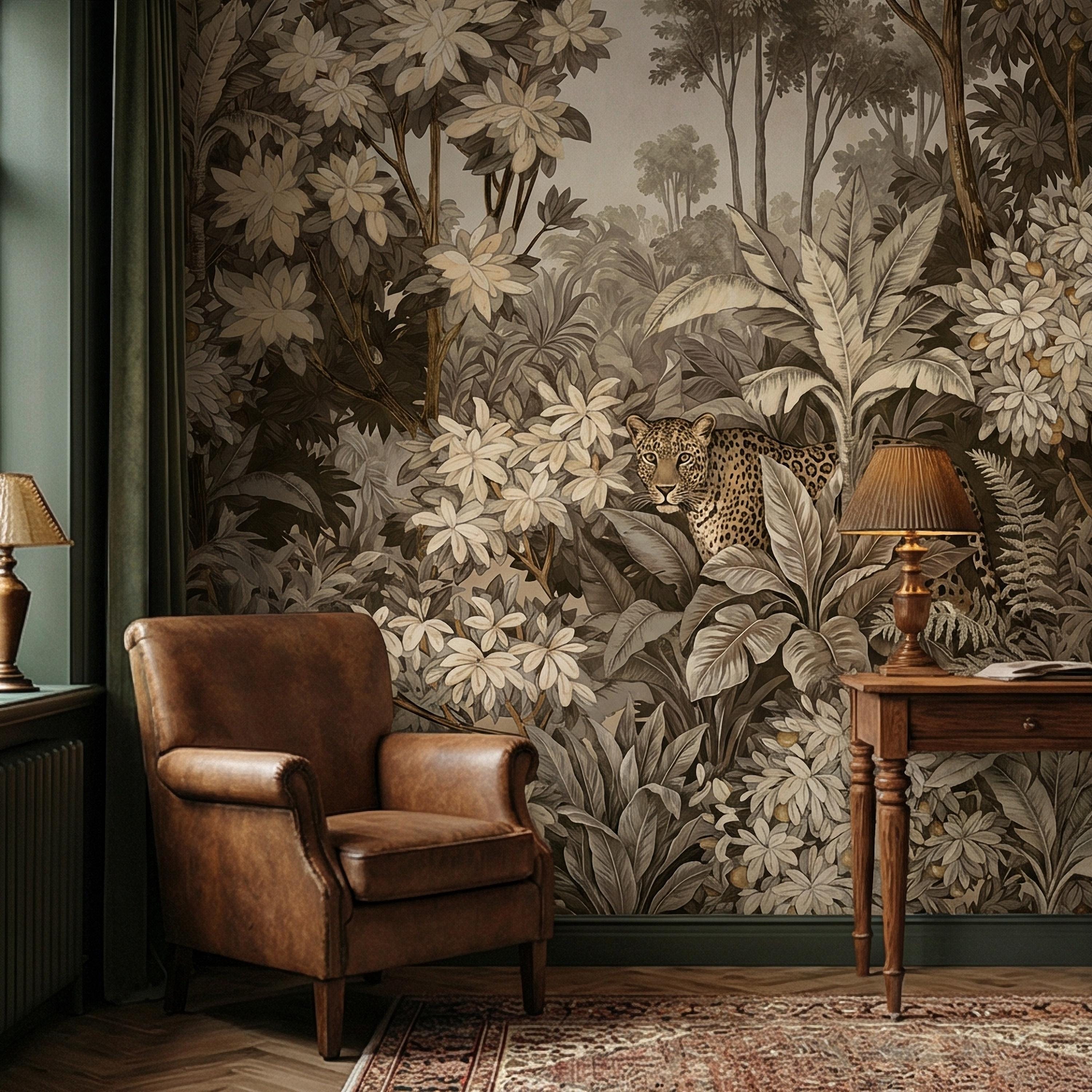Neutral Leopard Jungle Peel and Stick Wall Mural, Sepia Tropical Botanical Landscape, Vintage Safari Flowers and Palm Leaf Beige Wallpaper