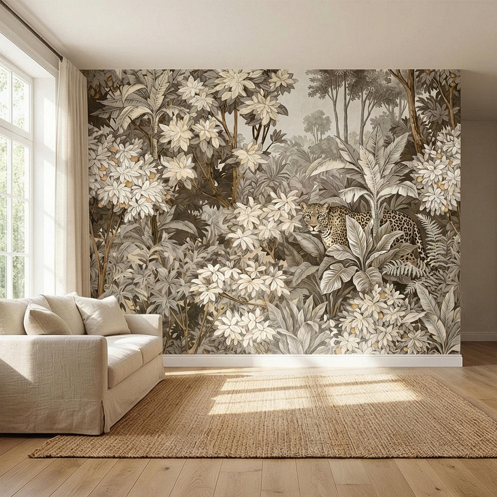 Neutral Leopard Jungle Peel and Stick Wall Mural, Sepia Tropical Botanical Landscape, Vintage Safari Flowers and Palm Leaf Beige Wallpaper