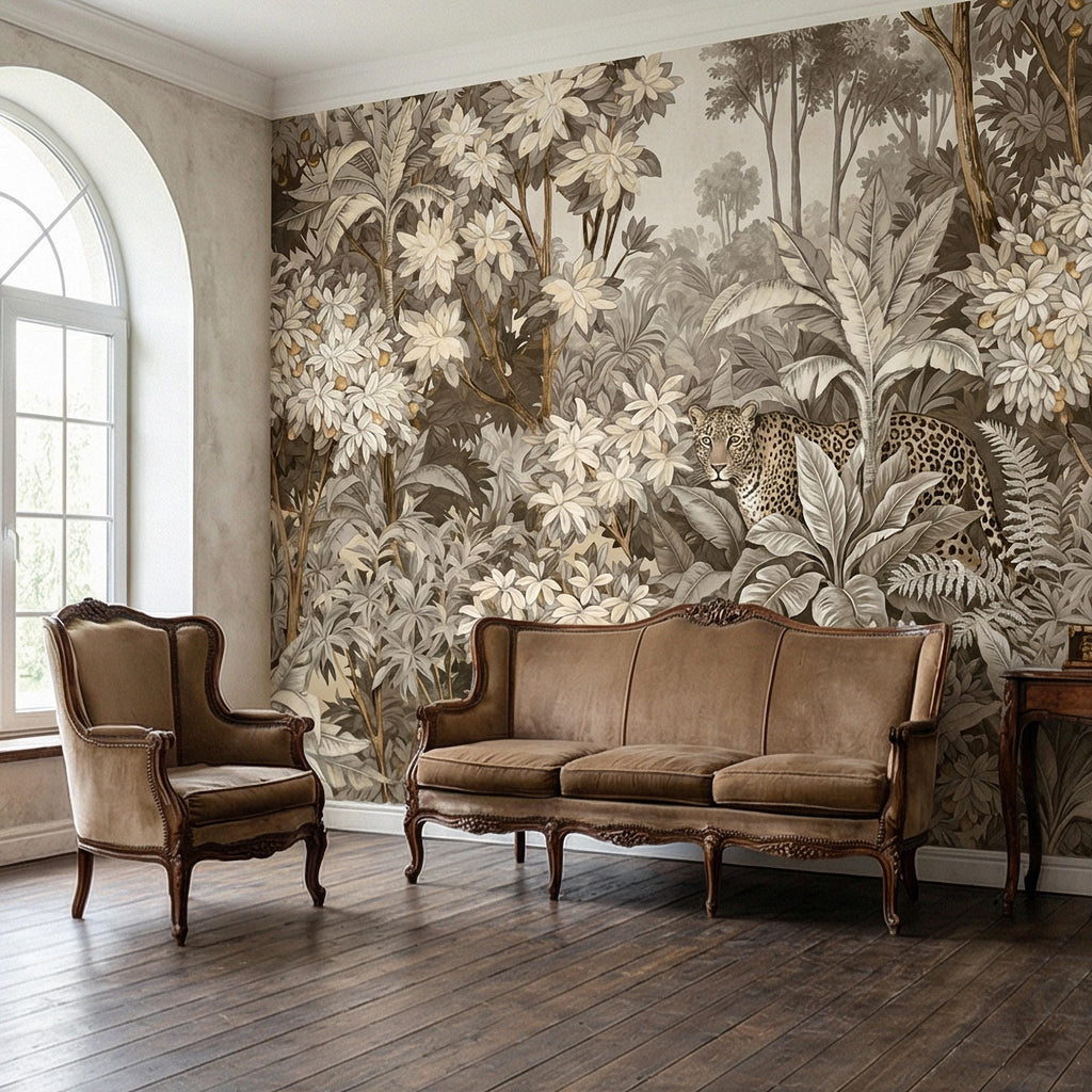 Neutral Leopard Jungle Peel and Stick Wall Mural, Sepia Tropical Botanical Landscape, Vintage Safari Flowers and Palm Leaf Beige Wallpaper
