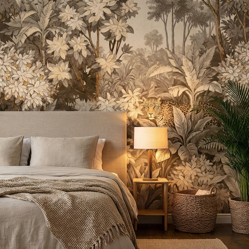 Neutral Leopard Jungle Peel and Stick Wall Mural, Sepia Tropical Botanical Landscape, Vintage Safari Flowers and Palm Leaf Beige Wallpaper
