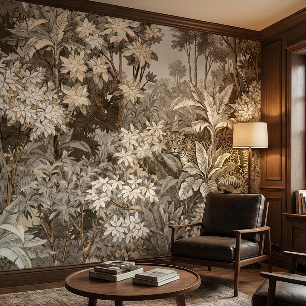 Neutral Leopard Jungle Peel and Stick Wall Mural, Sepia Tropical Botanical Landscape, Vintage Safari Flowers and Palm Leaf Beige Wallpaper