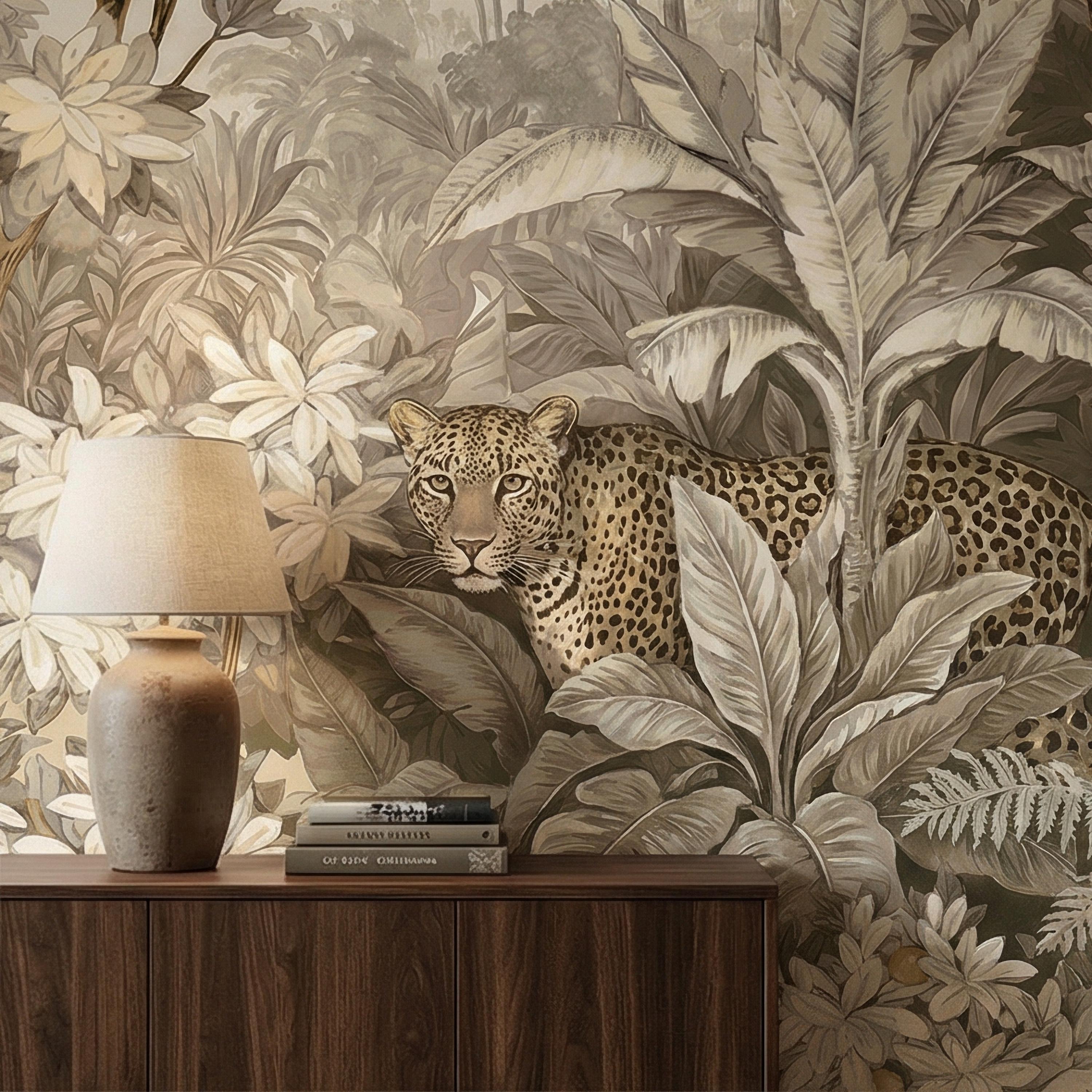 Neutral Leopard Jungle Peel and Stick Wall Mural, Sepia Tropical Botanical Landscape, Vintage Safari Flowers and Palm Leaf Beige Wallpaper