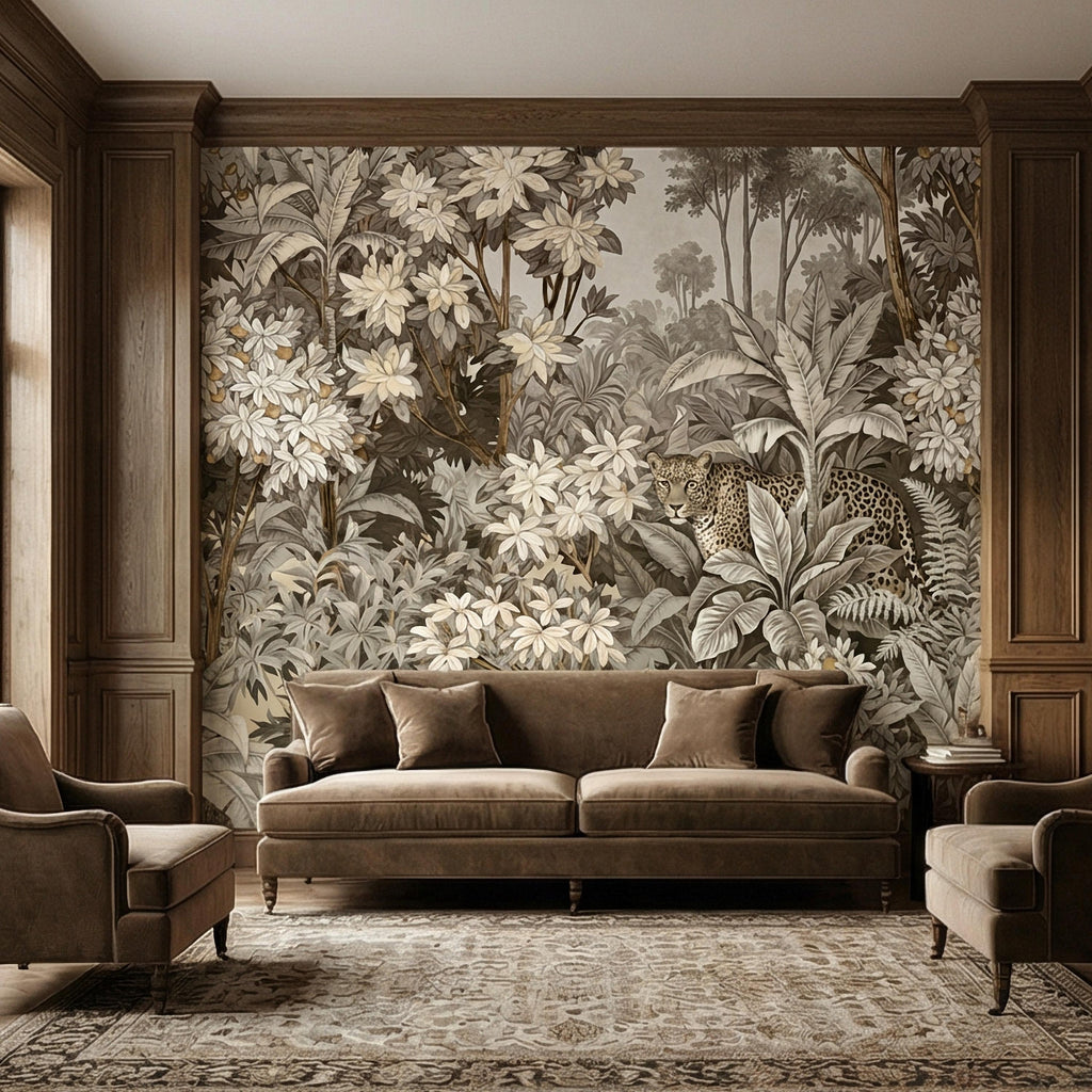 Neutral Leopard Jungle Peel and Stick Wall Mural, Sepia Tropical Botanical Landscape, Vintage Safari Flowers and Palm Leaf Beige Wallpaper