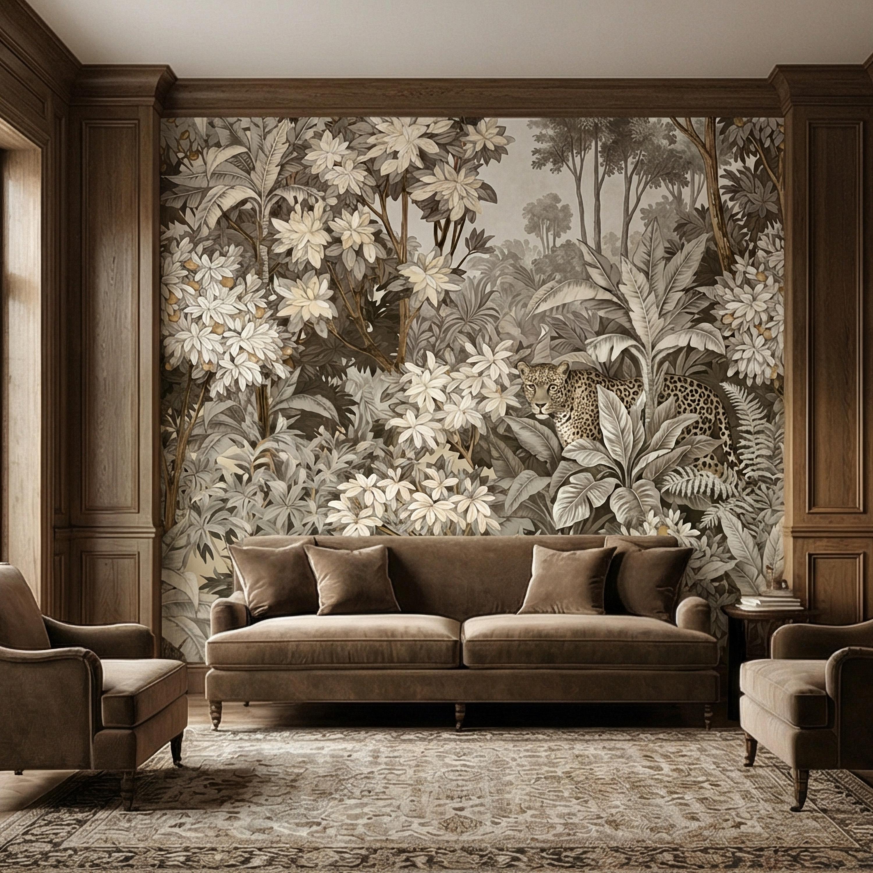 Neutral Leopard Jungle Peel and Stick Wall Mural, Sepia Tropical Botanical Landscape, Vintage Safari Flowers and Palm Leaf Beige Wallpaper