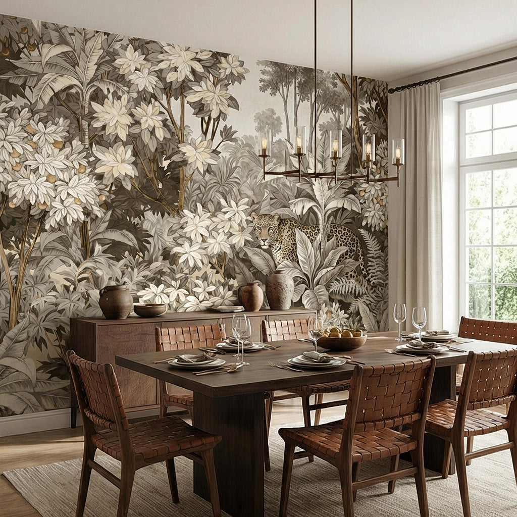 Neutral Leopard Jungle Peel and Stick Wall Mural, Sepia Tropical Botanical Landscape, Vintage Safari Flowers and Palm Leaf Beige Wallpaper