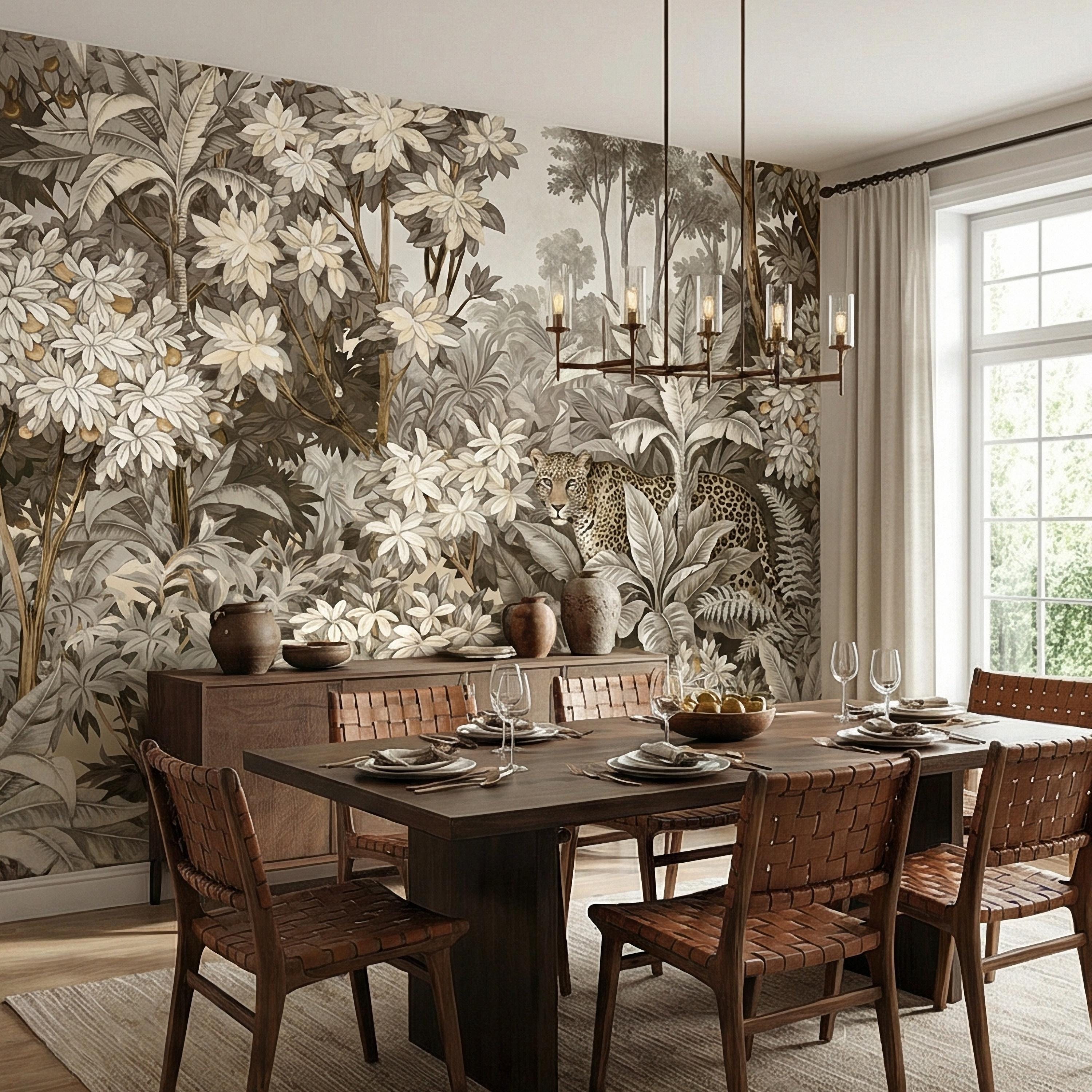 Neutral Leopard Jungle Peel and Stick Wall Mural, Sepia Tropical Botanical Landscape, Vintage Safari Flowers and Palm Leaf Beige Wallpaper