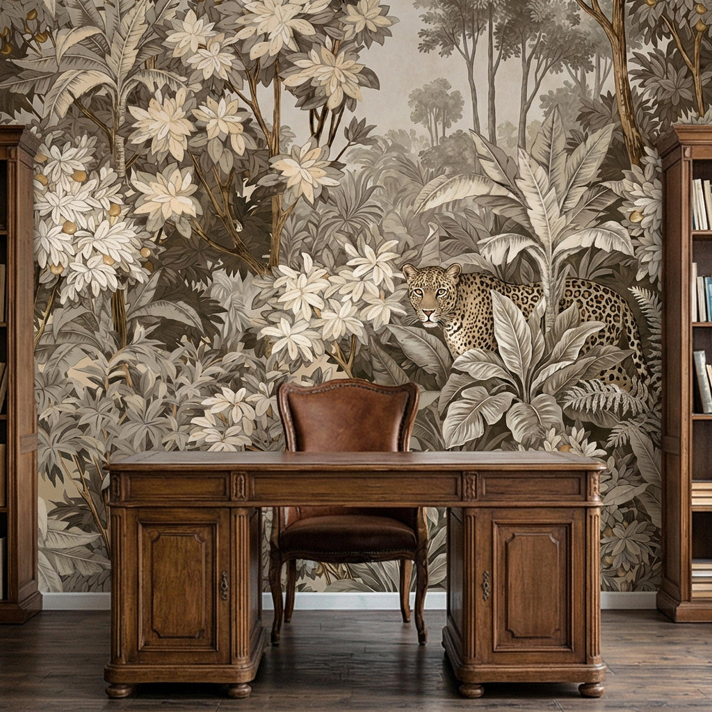 Neutral Leopard Jungle Peel and Stick Wall Mural, Sepia Tropical Botanical Landscape, Vintage Safari Flowers and Palm Leaf Beige Wallpaper
