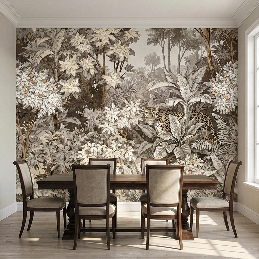 Neutral Leopard Jungle Peel and Stick Wall Mural, Sepia Tropical Botanical Landscape, Vintage Safari Flowers and Palm Leaf Beige Wallpaper