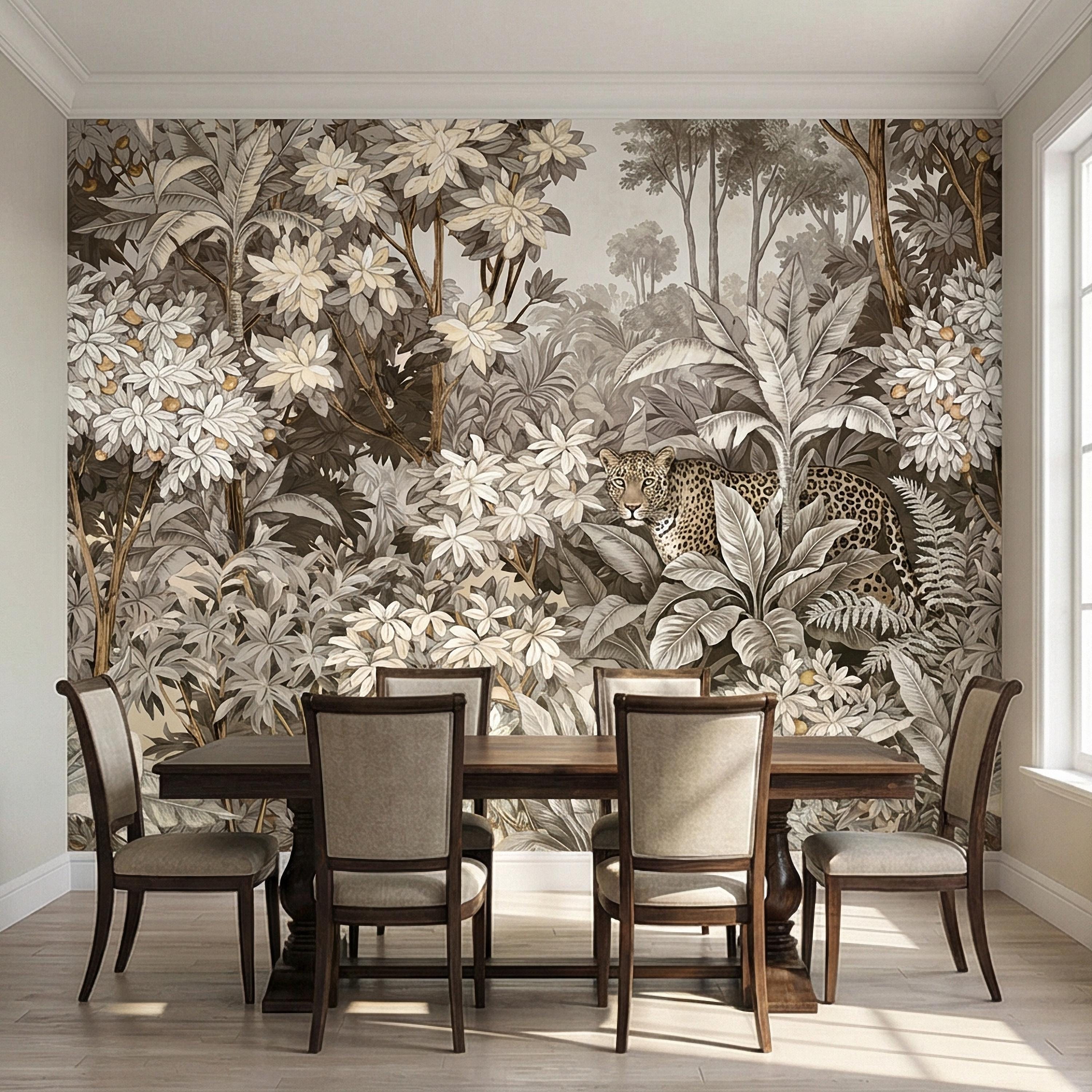 Neutral Leopard Jungle Peel and Stick Wall Mural, Sepia Tropical Botanical Landscape, Vintage Safari Flowers and Palm Leaf Beige Wallpaper