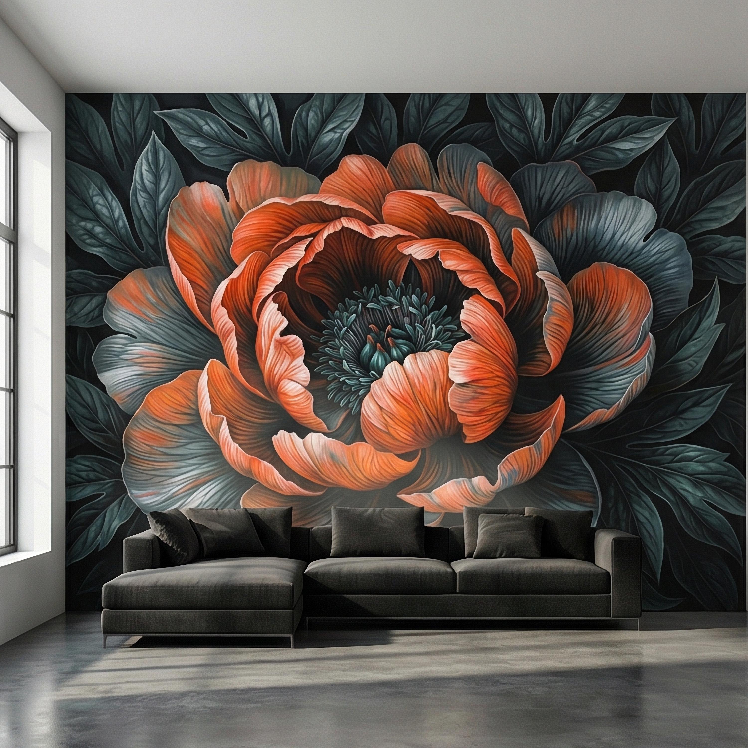 Dark Peony Peel and Stick Wall Mural, Oversized Moody Floral Bloom, Large Scale Burnt Orange Flower, Black Teal Dramatic Botanical Wallpaper