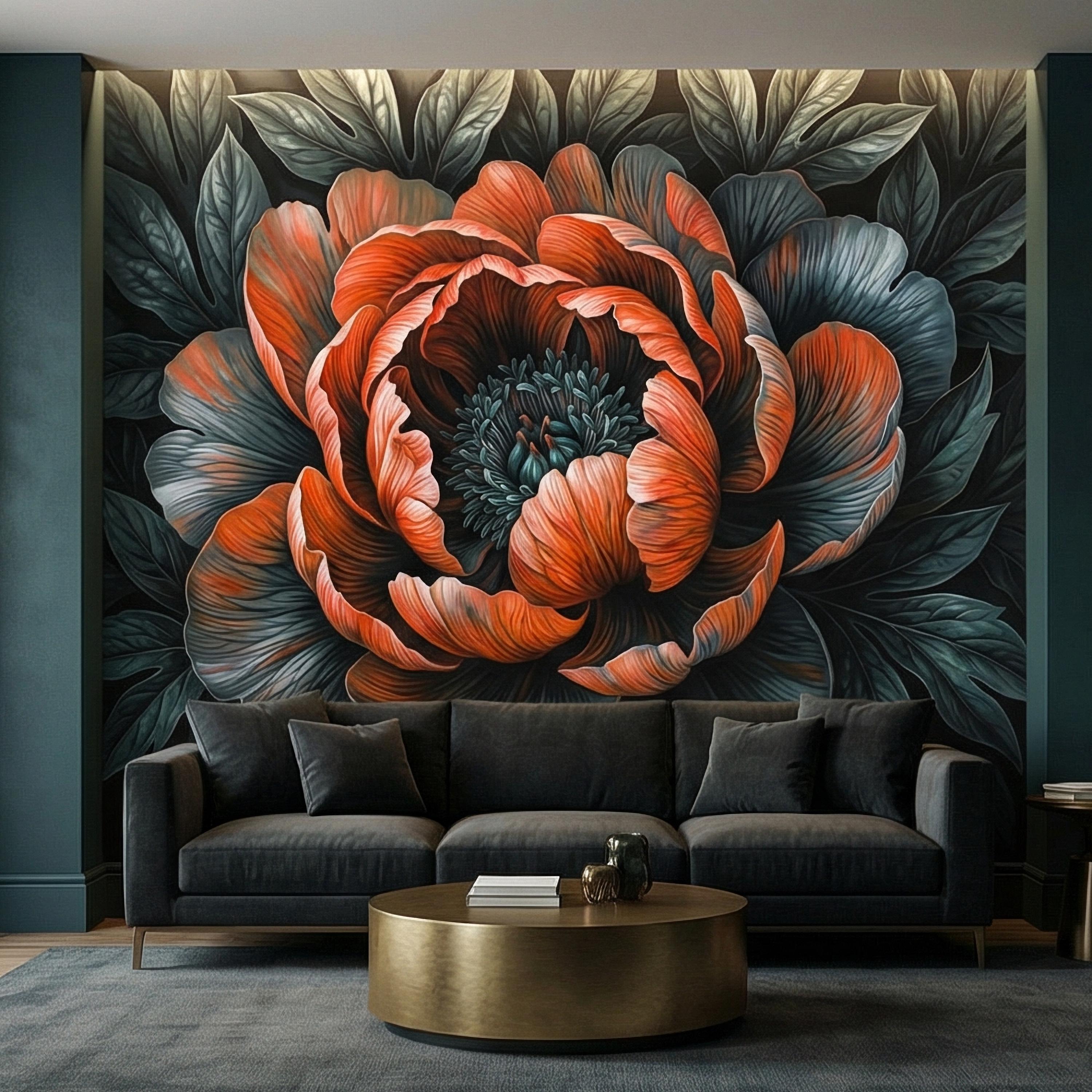 Dark Peony Peel and Stick Wall Mural, Oversized Moody Floral Bloom, Large Scale Burnt Orange Flower, Black Teal Dramatic Botanical Wallpaper