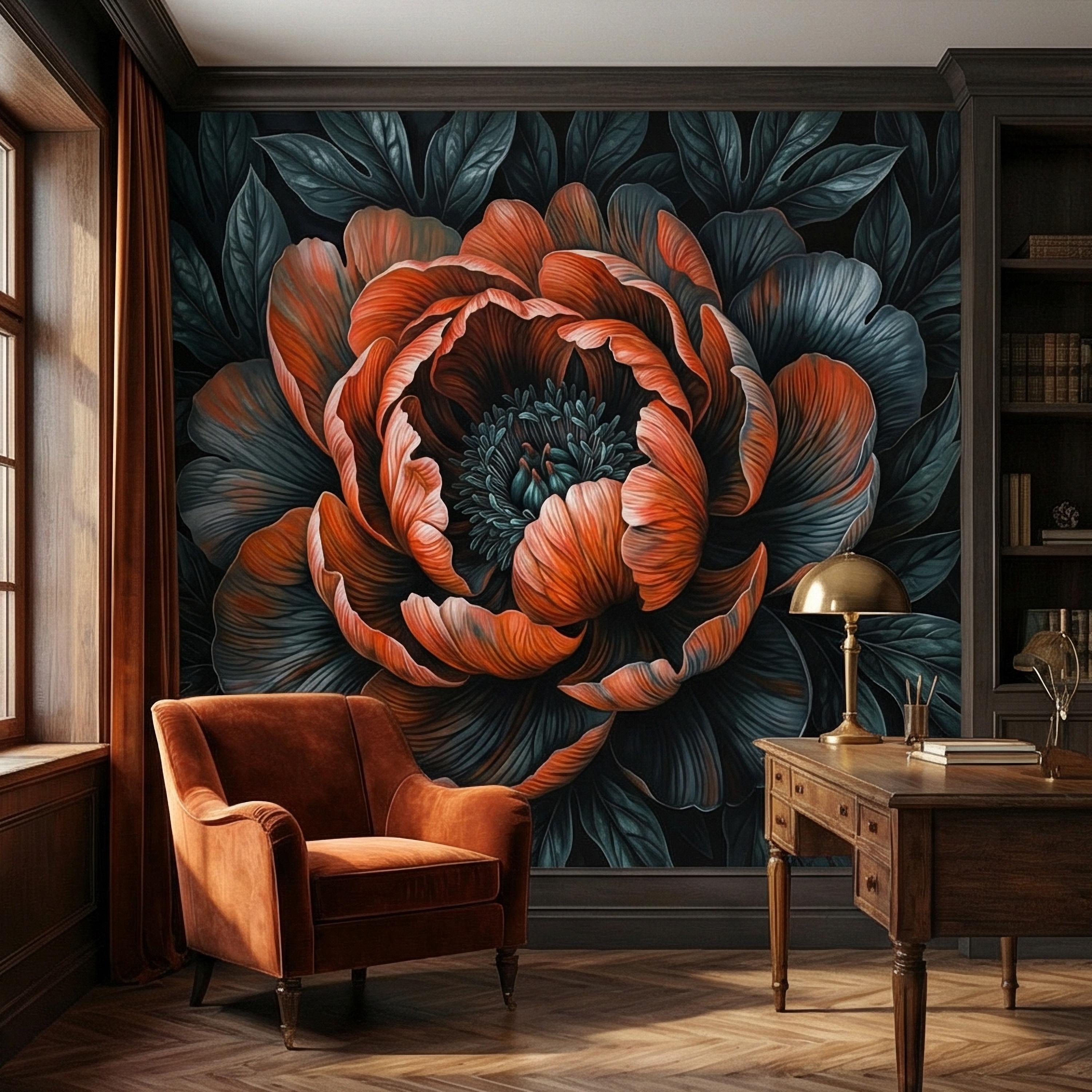 Dark Peony Peel and Stick Wall Mural, Oversized Moody Floral Bloom, Large Scale Burnt Orange Flower, Black Teal Dramatic Botanical Wallpaper