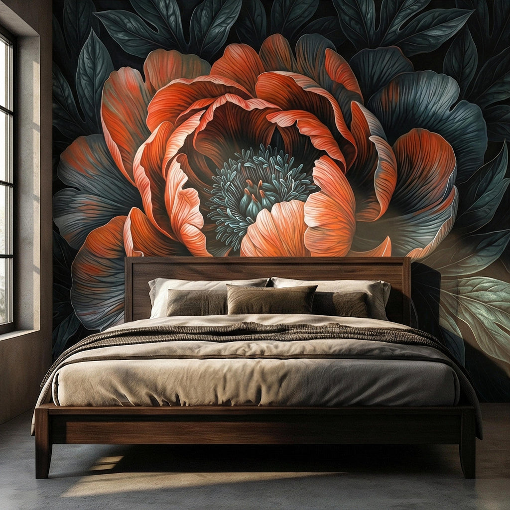 Dark Peony Peel and Stick Wall Mural, Oversized Moody Floral Bloom, Large Scale Burnt Orange Flower, Black Teal Dramatic Botanical Wallpaper