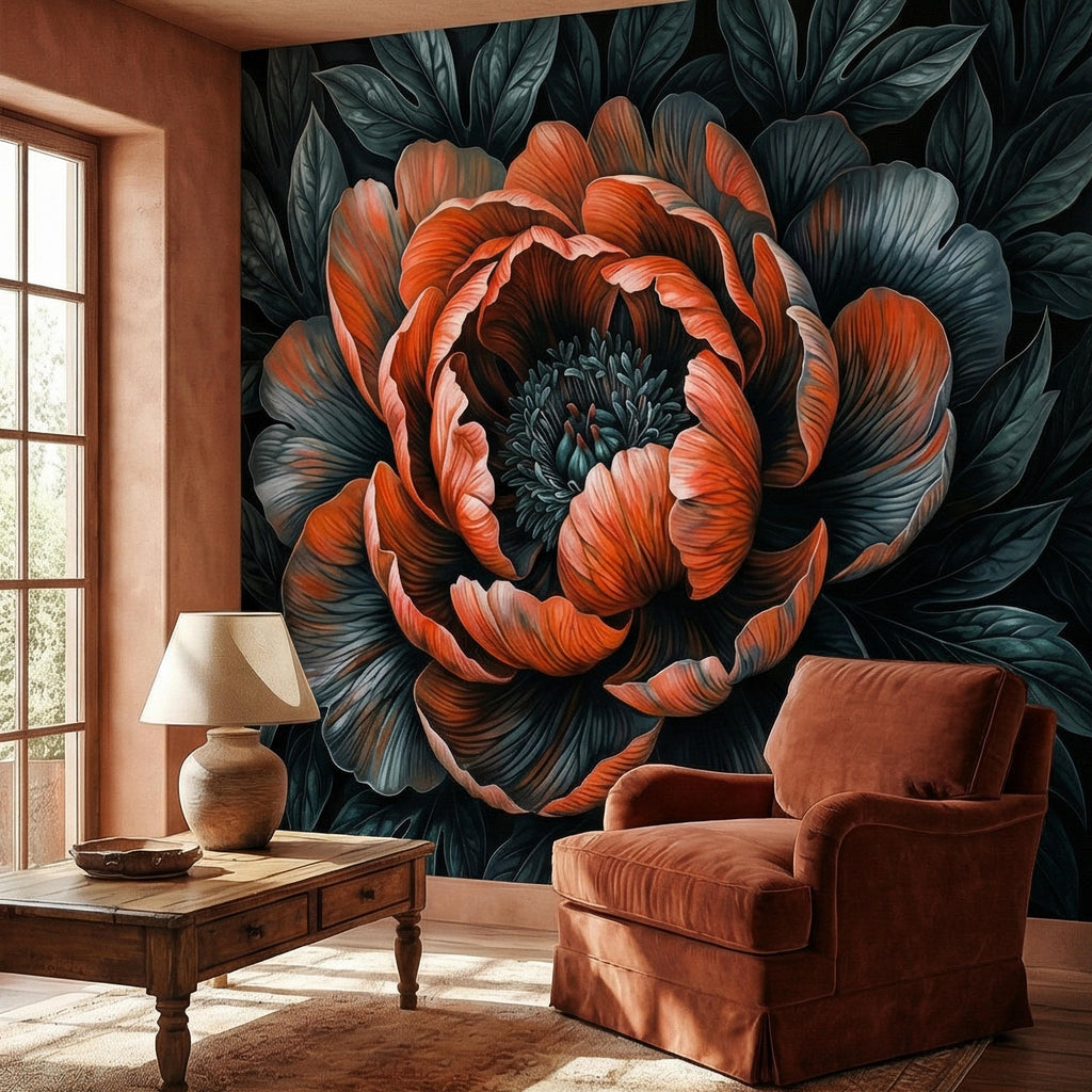 Dark Peony Peel and Stick Wall Mural, Oversized Moody Floral Bloom, Large Scale Burnt Orange Flower, Black Teal Dramatic Botanical Wallpaper