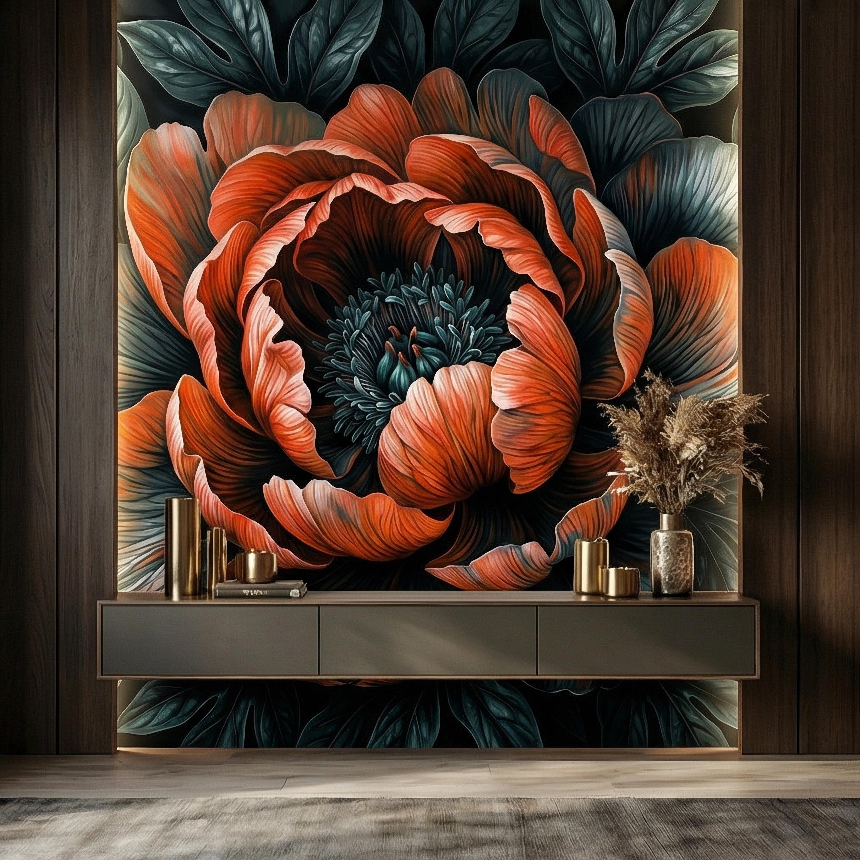 Dark Peony Peel and Stick Wall Mural, Oversized Moody Floral Bloom, Large Scale Burnt Orange Flower, Black Teal Dramatic Botanical Wallpaper