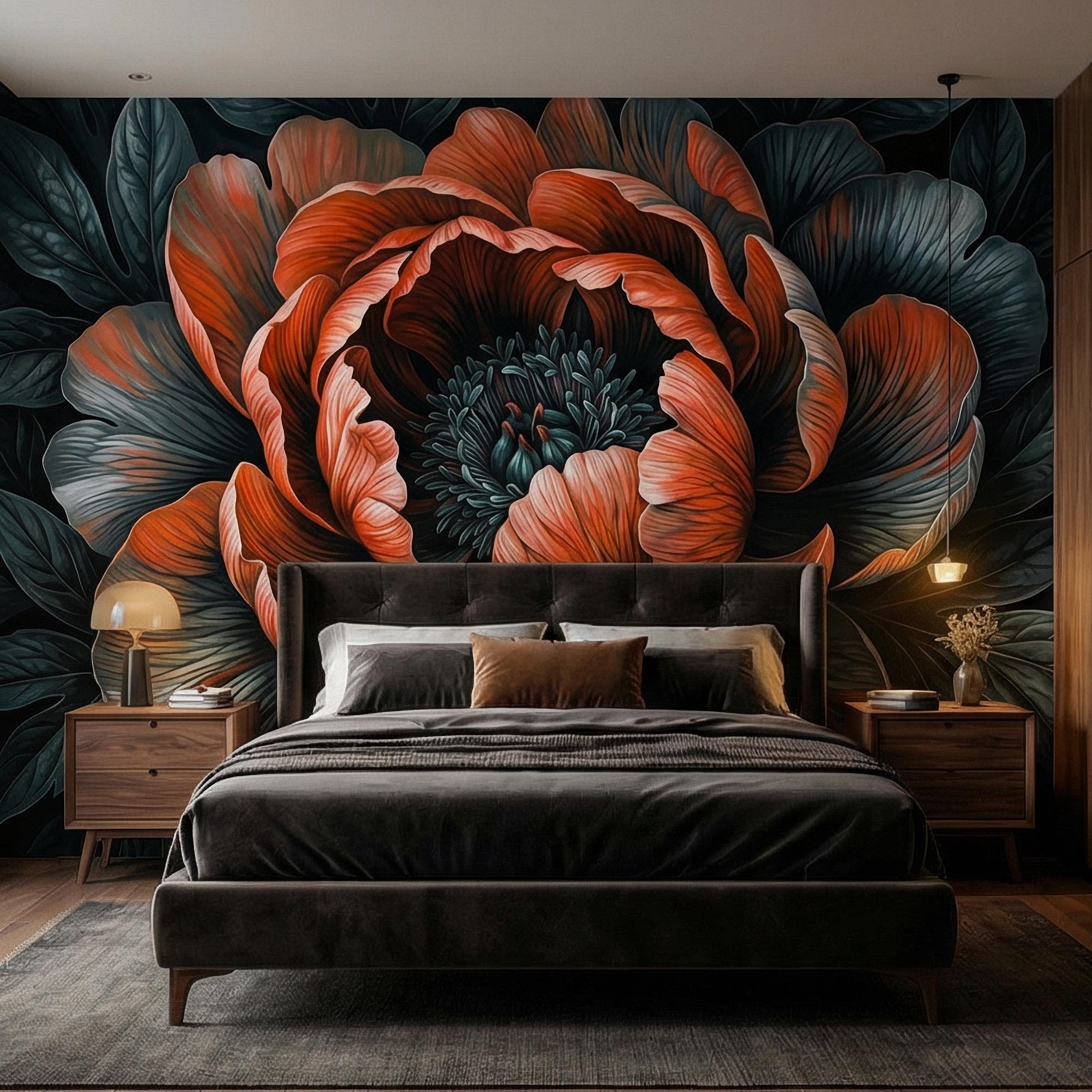 Dark Peony Peel and Stick Wall Mural, Oversized Moody Floral Bloom, Large Scale Burnt Orange Flower, Black Teal Dramatic Botanical Wallpaper