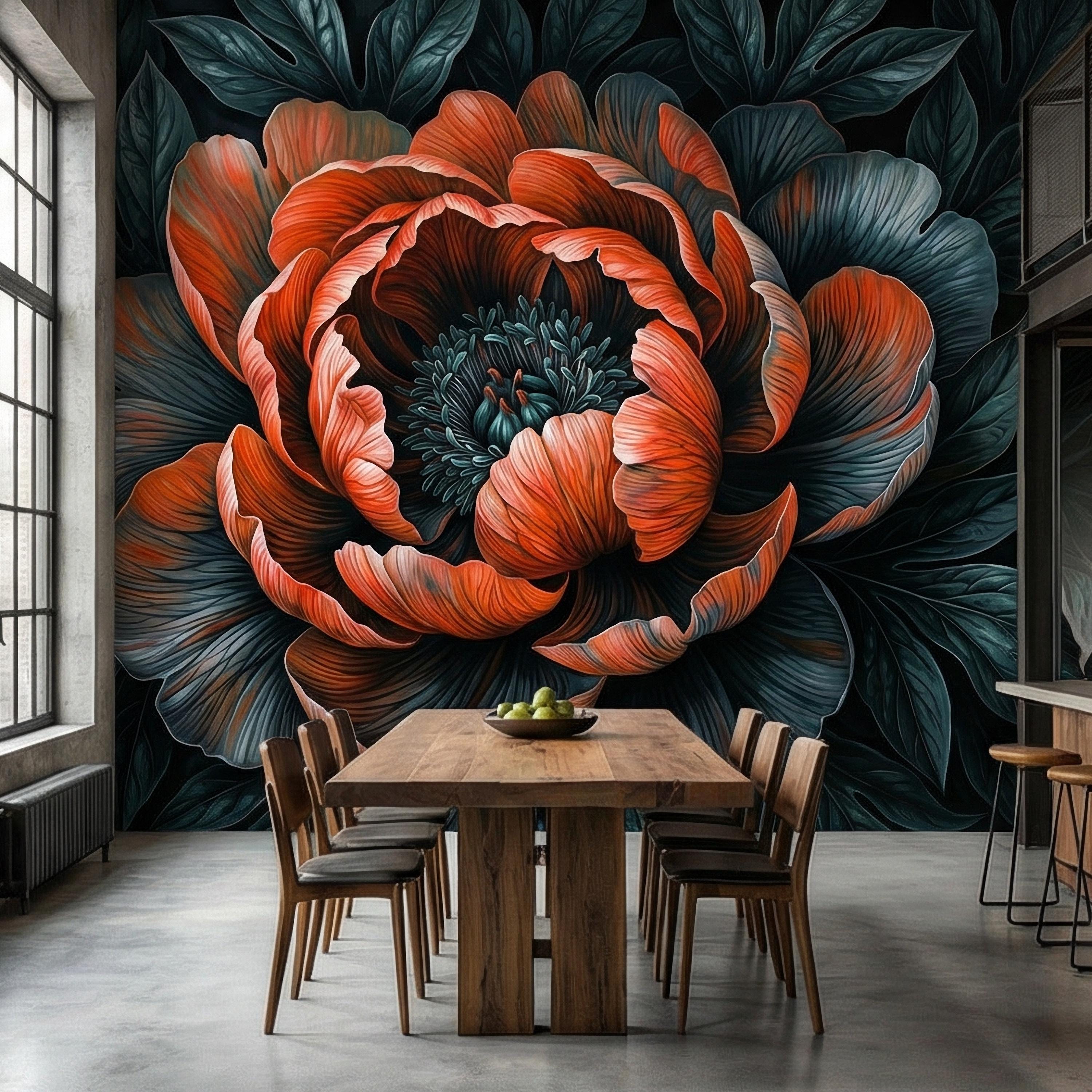 Dark Peony Peel and Stick Wall Mural, Oversized Moody Floral Bloom, Large Scale Burnt Orange Flower, Black Teal Dramatic Botanical Wallpaper
