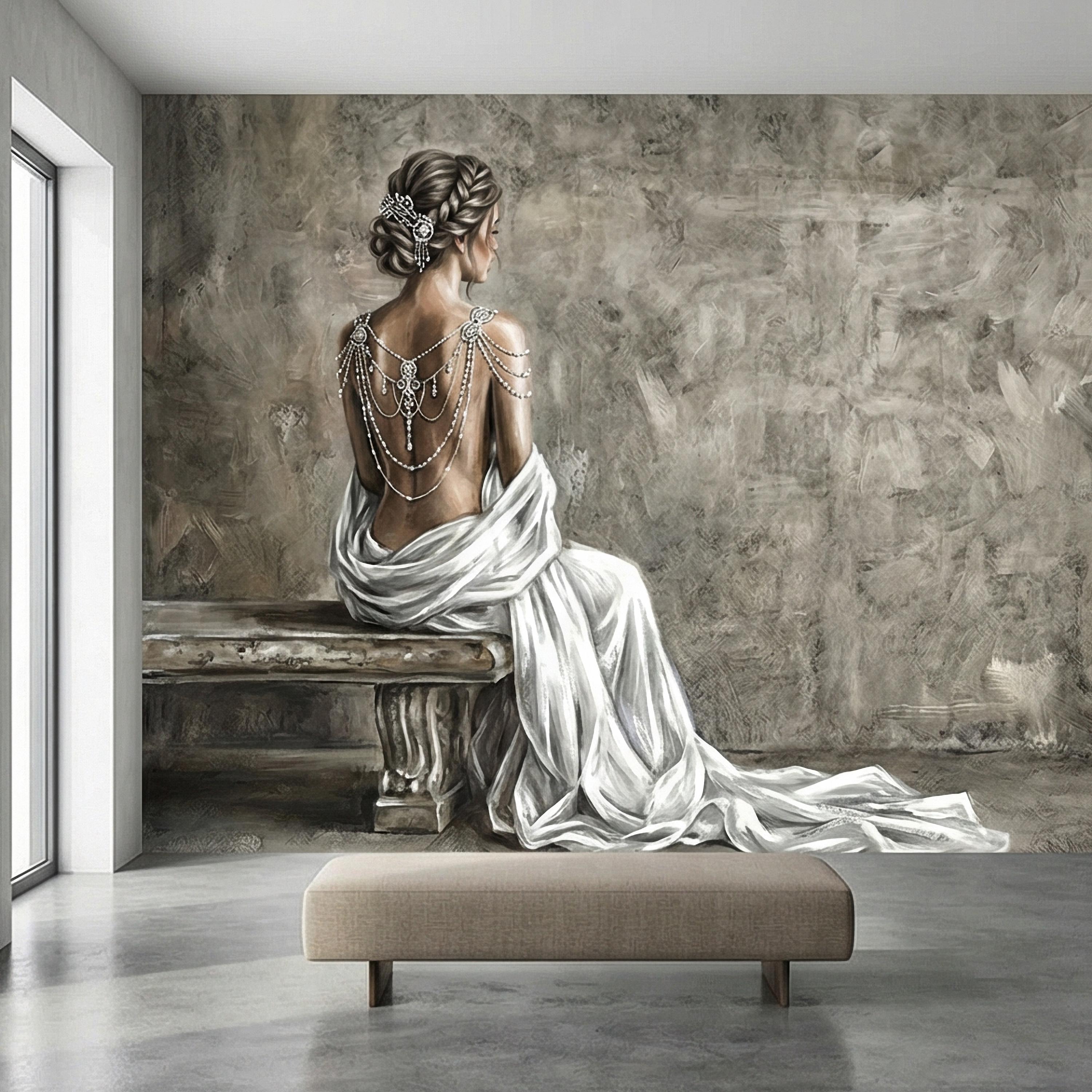 Elegant Woman Peel and Stick Wall Mural, Neutral Taupe Portrait, Romantic Feminine Figure, Soft Vintage Glam Wallpaper