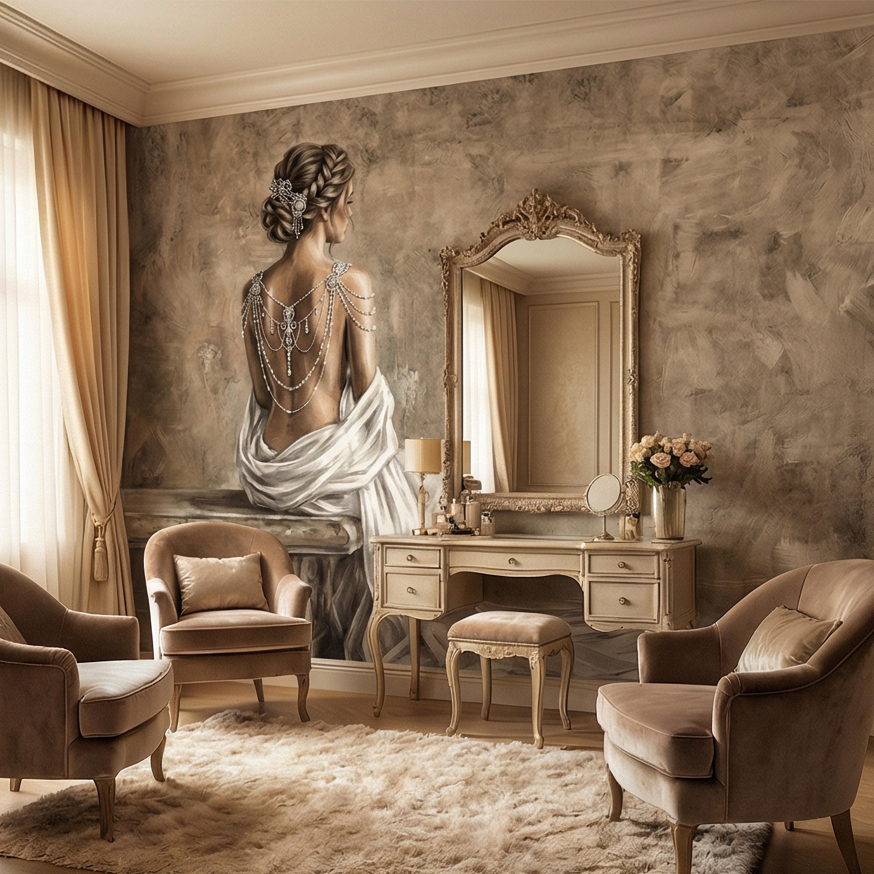 Elegant Woman Peel and Stick Wall Mural, Neutral Taupe Portrait, Romantic Feminine Figure, Soft Vintage Glam Wallpaper
