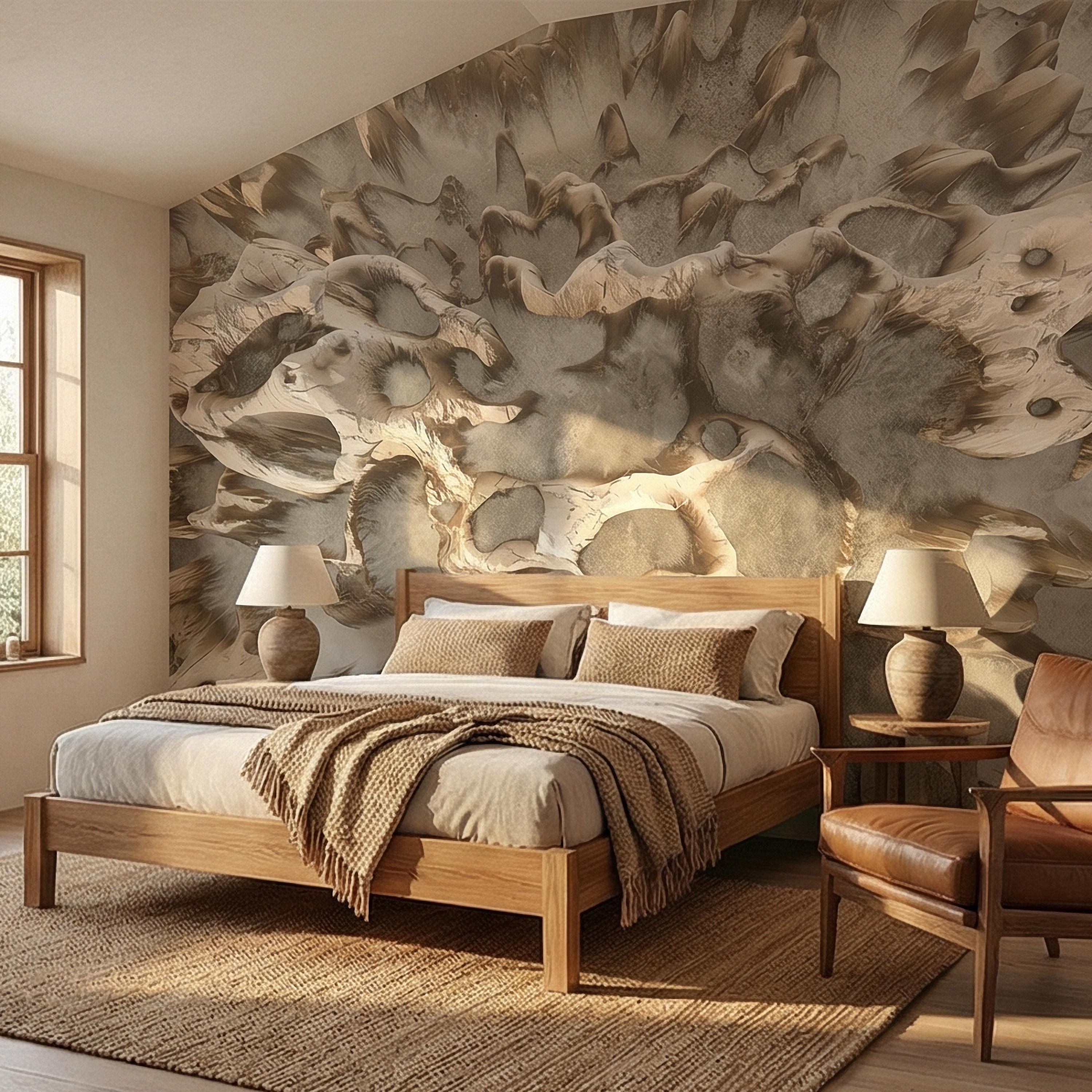 Abstract Organic Texture Peel and Stick Wall Mural, Sculptural Bone Stone Relief, Neutral Beige Taupe 3D Fossil Form Textured Wallpaper