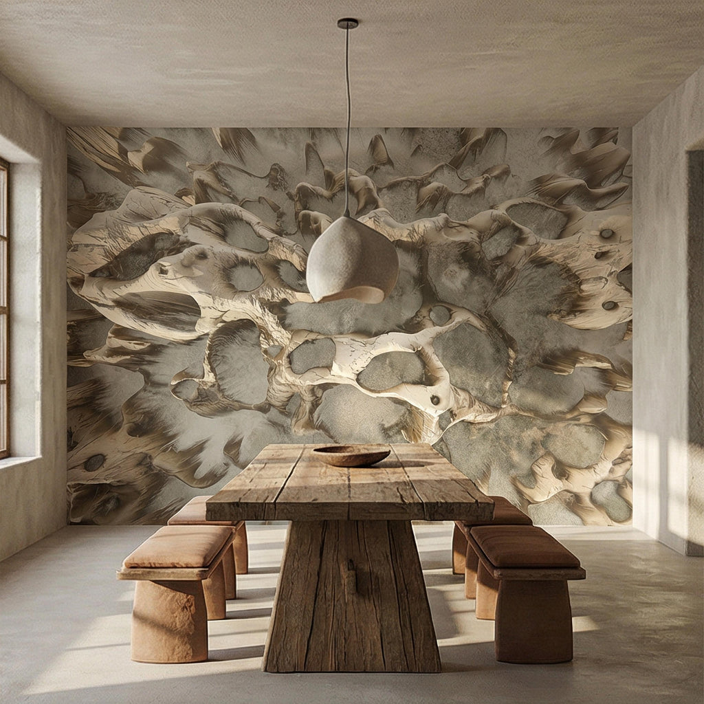Abstract Organic Texture Peel and Stick Wall Mural, Sculptural Bone Stone Relief, Neutral Beige Taupe 3D Fossil Form Textured Wallpaper