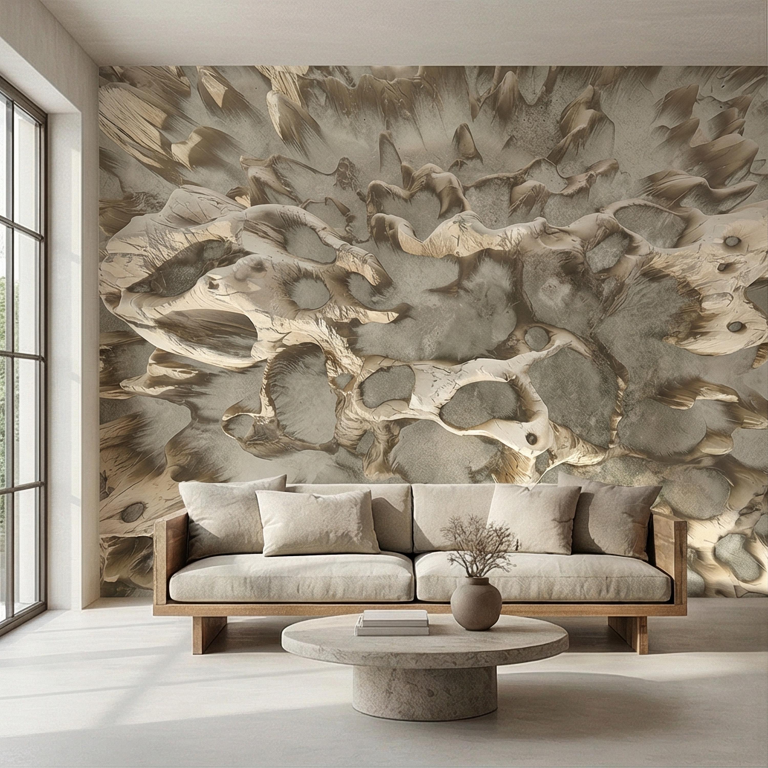 Abstract Organic Texture Peel and Stick Wall Mural, Sculptural Bone Stone Relief, Neutral Beige Taupe 3D Fossil Form Textured Wallpaper