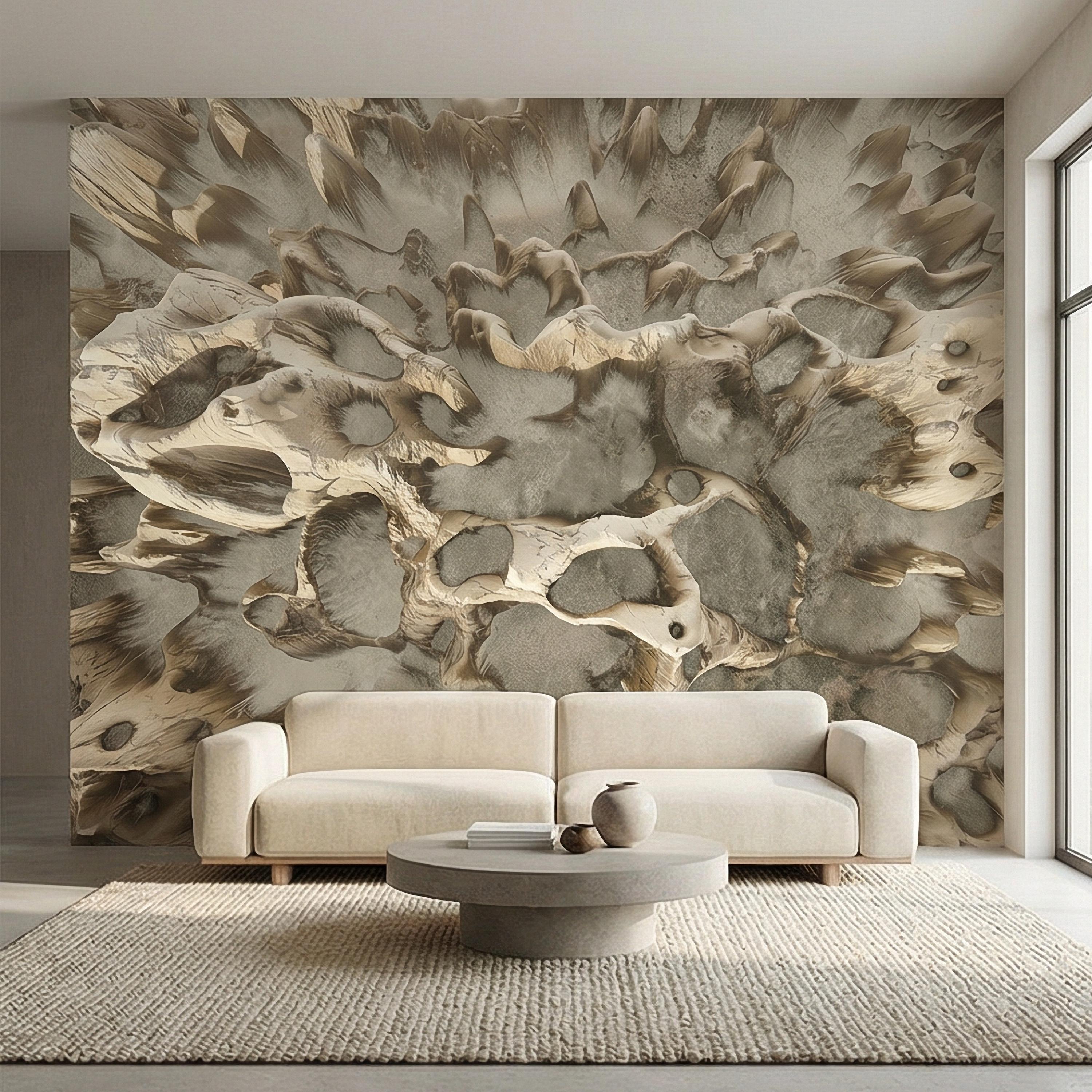 Abstract Organic Texture Peel and Stick Wall Mural, Sculptural Bone Stone Relief, Neutral Beige Taupe 3D Fossil Form Textured Wallpaper