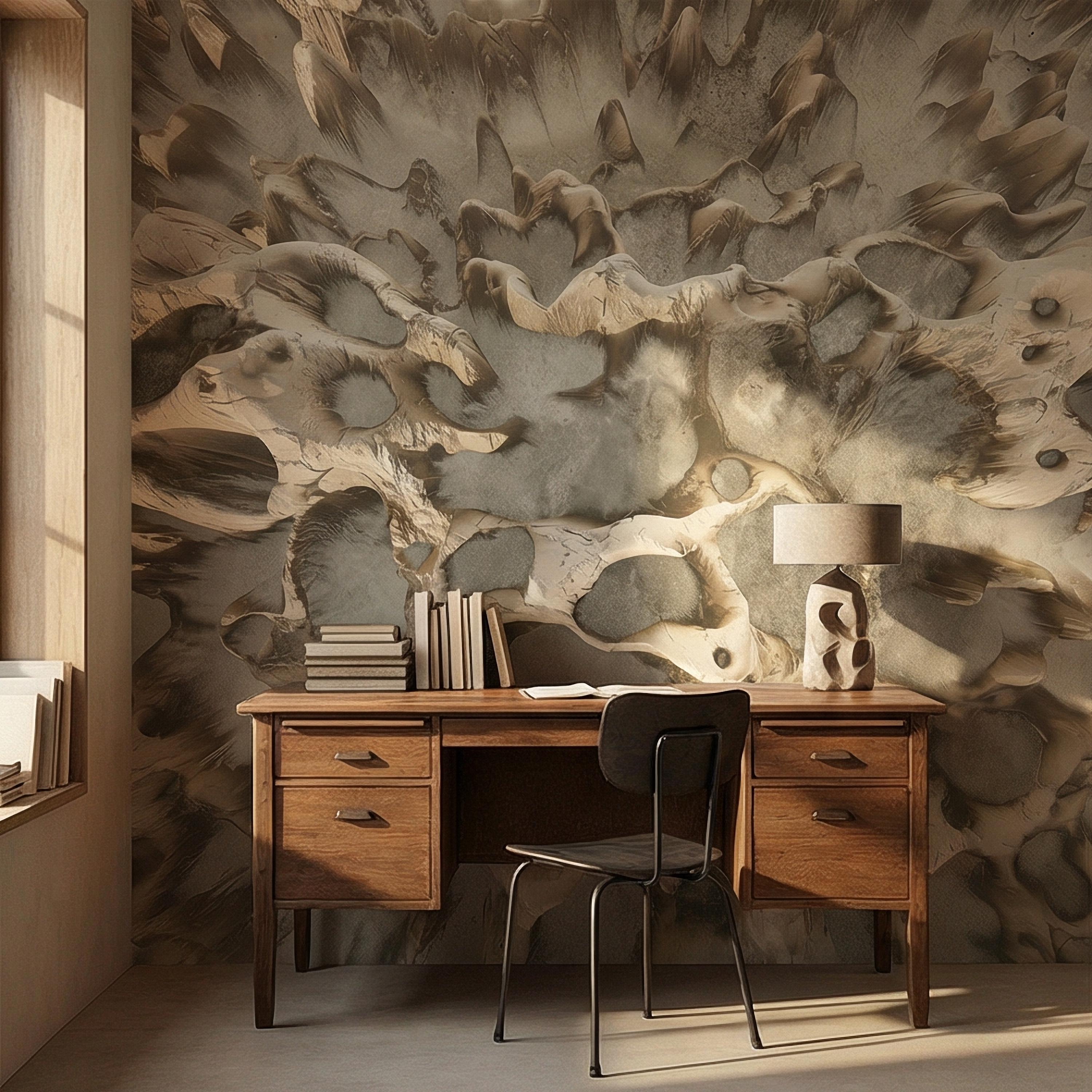 Abstract Organic Texture Peel and Stick Wall Mural, Sculptural Bone Stone Relief, Neutral Beige Taupe 3D Fossil Form Textured Wallpaper